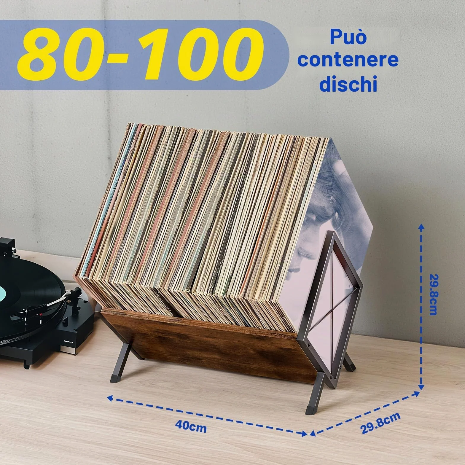 Porta Dischi in Vinile, Porta Dischi da 80-100 LP, 40 x 30 x 30 cm, Ripiano a 1 Ripiano con Divisore Antiscivolo, Organizer per CD, Album, Riviste, Libri