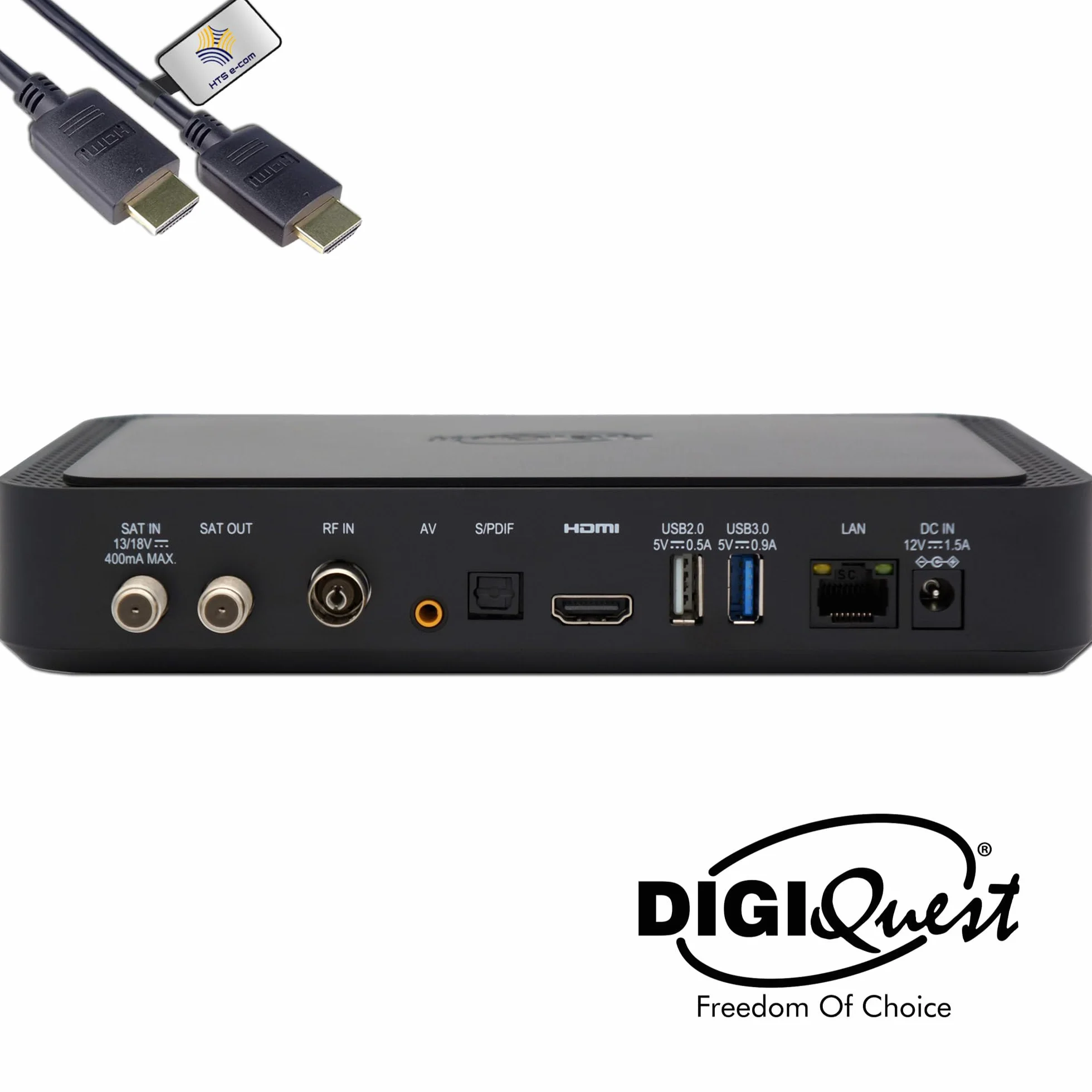 DigiQuest Q99 - Ricevitore satellitare 4K con scheda TiVuSat attivata Nero + WiFi Stick - Italia TV Rai Mediaset LA7, HEVC HDR, PVR Ready, LAN, USB, ricevitore certificato + cavo HDMI HTS e-com