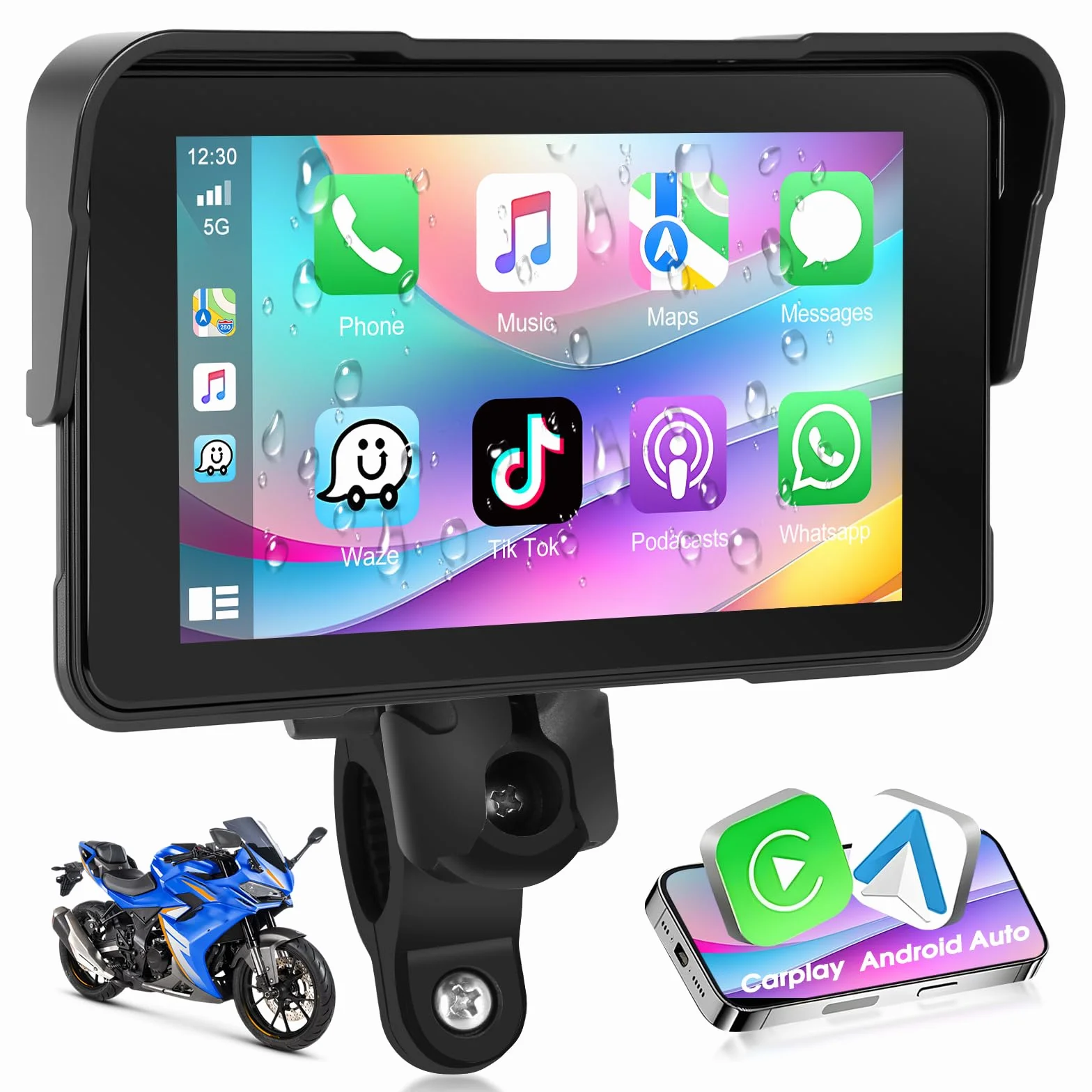 A-pple CarPlay Display Moto Android Auto IP68 Touchscreen HD 5 Pollici Autoradio Portatile Navigazione GPS Bluetooth Radio FM