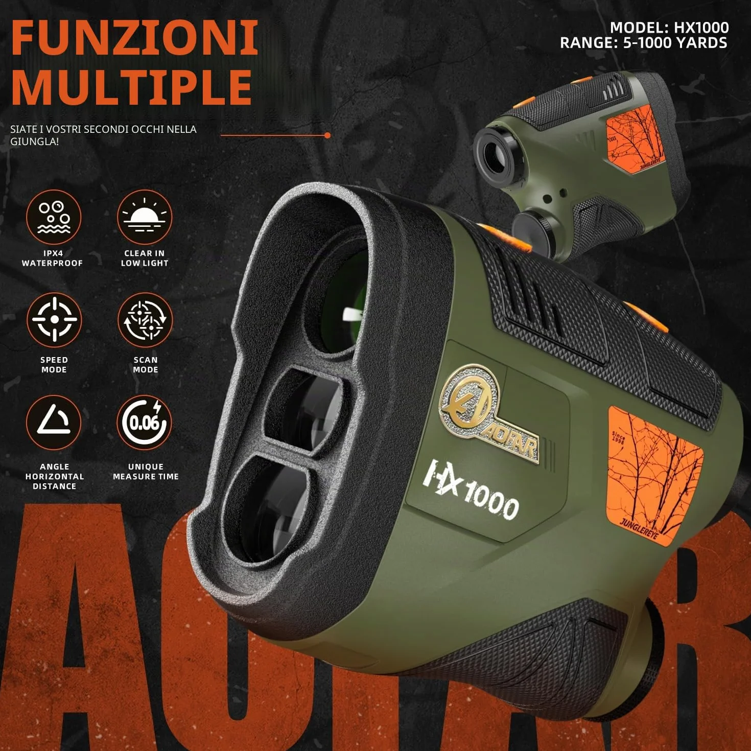 AOFAR HX1000 Telemetro Laser da Caccia 1000 iarde, Misurazione Distanza Angolare e Orizzontale, Modalità Scansione e Velocità, 6x Ingrandimento, Impermeabile, Batteria Inclusa