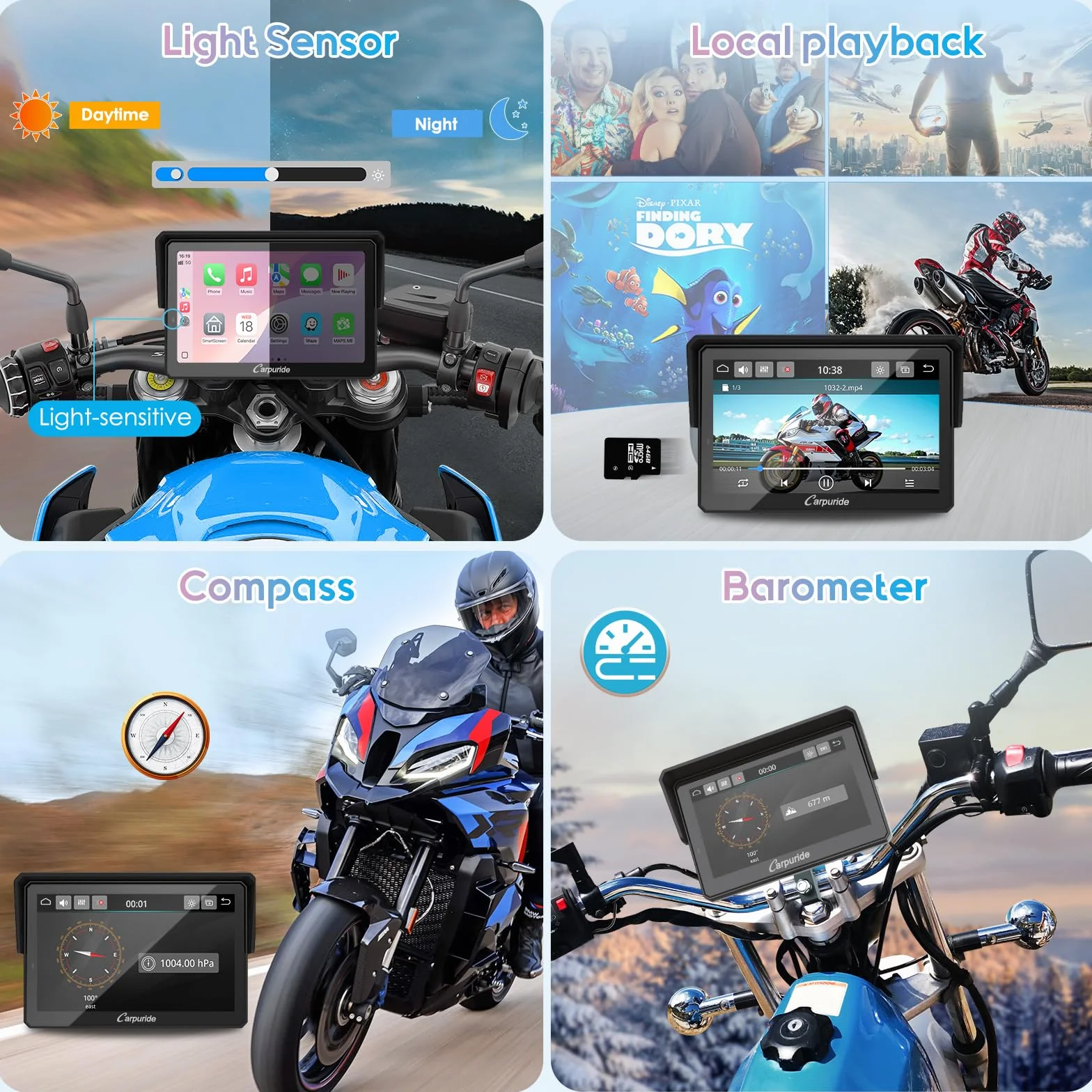Carpuride W502PRO per CarPlay per Moto e Android Auto e Doppio Bluetooth - Navigazione GPS Impermeabile da 5 pollici per Moto, Condivisione di Musica, Interfono, EQ, Sensore di Luce, Bussola, Barometr