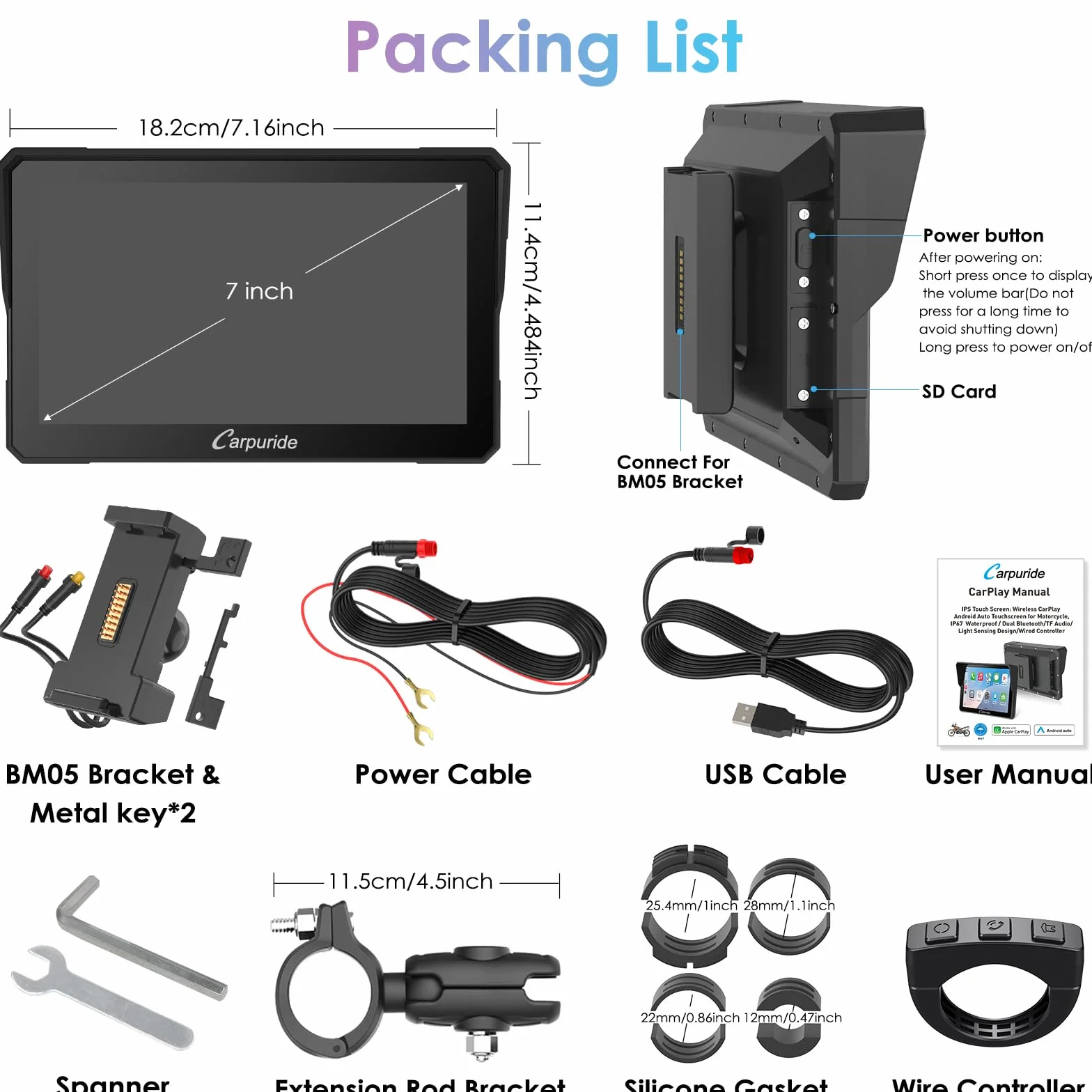 CARPURIDE W702S Moto Carplay Schermo 7" Impermeabile Touchscreen Senza Fili CarPlay Android Auto Bluetooth
