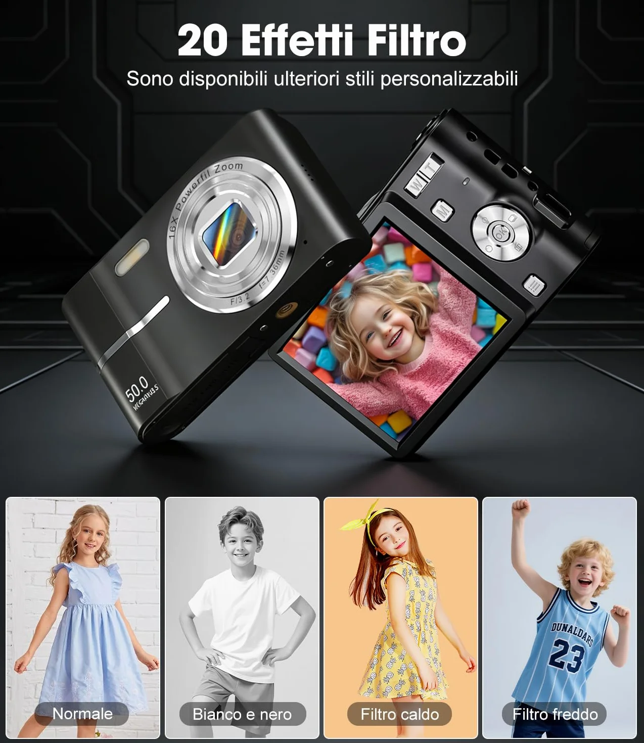 Macchina Fotografica Bambini 50MP 1080P, Autofocus, Schermo 2,4", Zoom Digitale 16X, Anti-Shake, Nero Vlogging Compatta Digital Camera per Ragazzi, Bambini, Studenti e Principianti con Scheda 16GB
