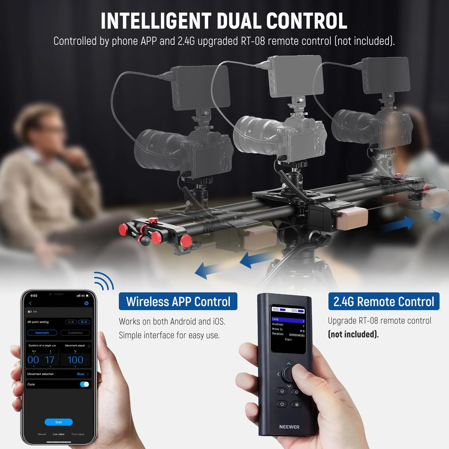 NEEWER 80cm Camera Slider Motorizzato, Controllo App, Binario Dolly DSLR in Fibra Carbonio con Batteria F750 4400mAh (Caricabatterie Non Incluso), Supporta Modalità Video/Fotografia Time Lapse,ER1-80