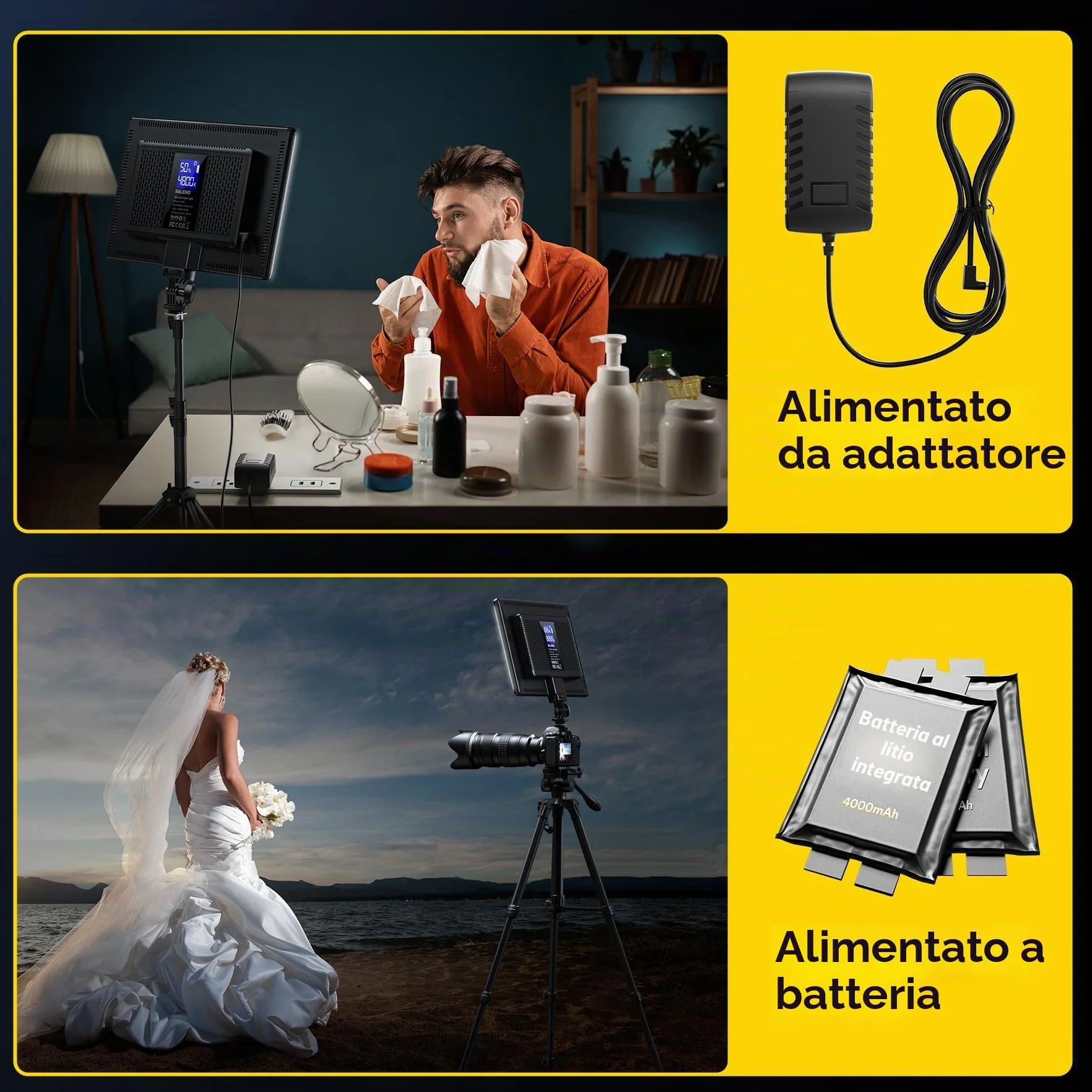 RALENO Pannello Luce LED, luce video a led con batteria da 4000 mAh*2, Lampada Video LED dimmerabile 2500-6500K, CRI 95, luce da studio per fotografia, chiamate Zoom, registrazione video