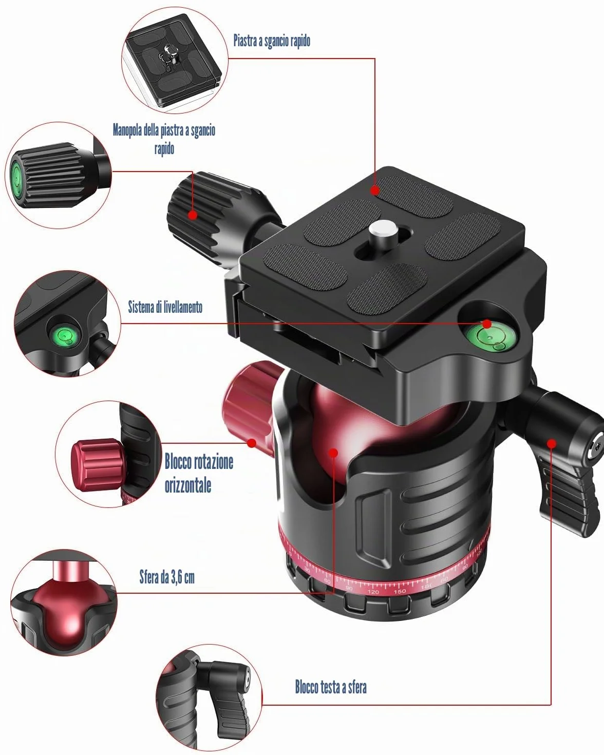 CAMBOFOTO Treppiede professionale per fotocamera, 173 cm, treppiede portatile in alluminio con monopiede da 180 cm/testa a sfera a 360°, clip per iPad e borsa per il trasporto