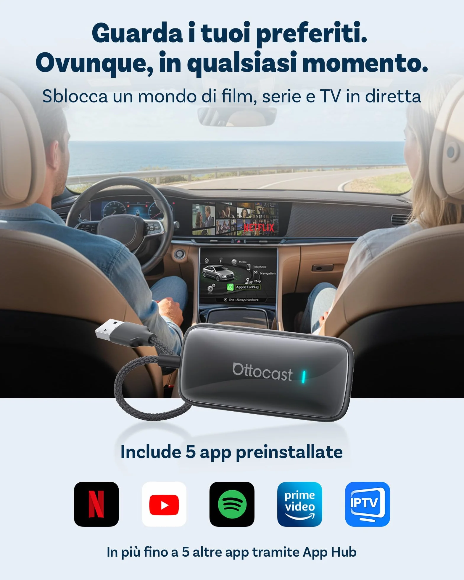 OTTOCAST Play2Video Ultra 2026, Adattatore CarPlay Wireless Android Auto, 3 in 1 per Viaggi in Famiglia, Bluetooth 5.4 + WiFi Dual Band, Per Auto con CarPlay Cablato OEM 2016+