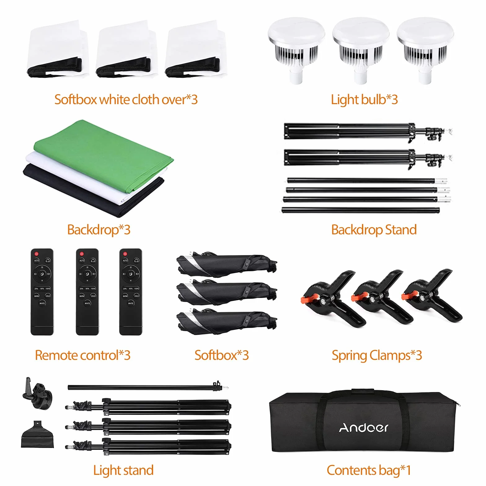 Andoer Set per studio fotografico, 2x3 m sistema di supporto per sfondo con softbox luce fissa treppiede braccio della forca telecomando morsetto borsa per il trasporto ritratti fotografia video