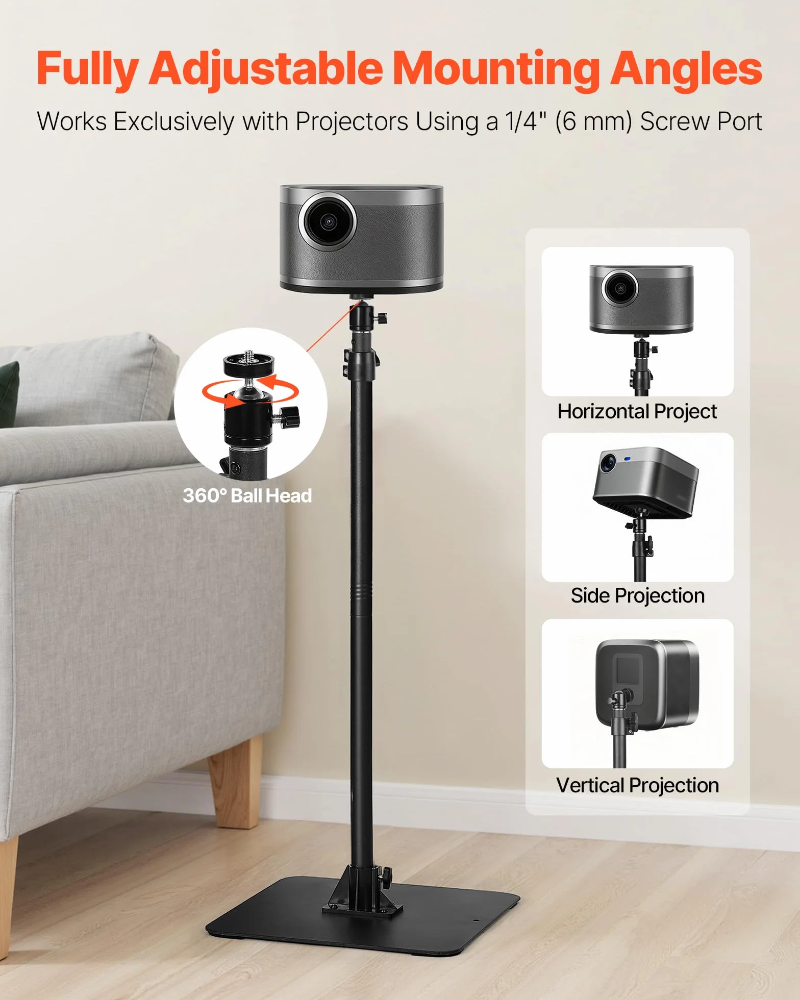 VEVOR Supporto per Proiettore Mobile da Terra da 30 x 40 x 157 cm, Altezza Regolabile da 72 a 157 cm, Supporto da Pavimento Girevole a 360° per Proiettori, Multifunzionale per Film all'Aperto