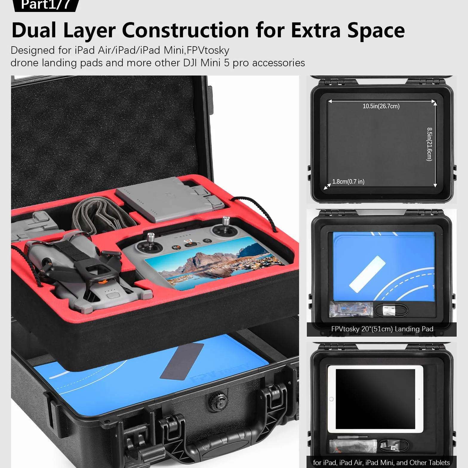 FPVtosky Set di custodia rigida per DJI Mini 5 Pro, kit di accessori per droni include custodia a doppio strato, parasole RC2, cordino, protezione schermo in vetro temperato RC2, tappetino di