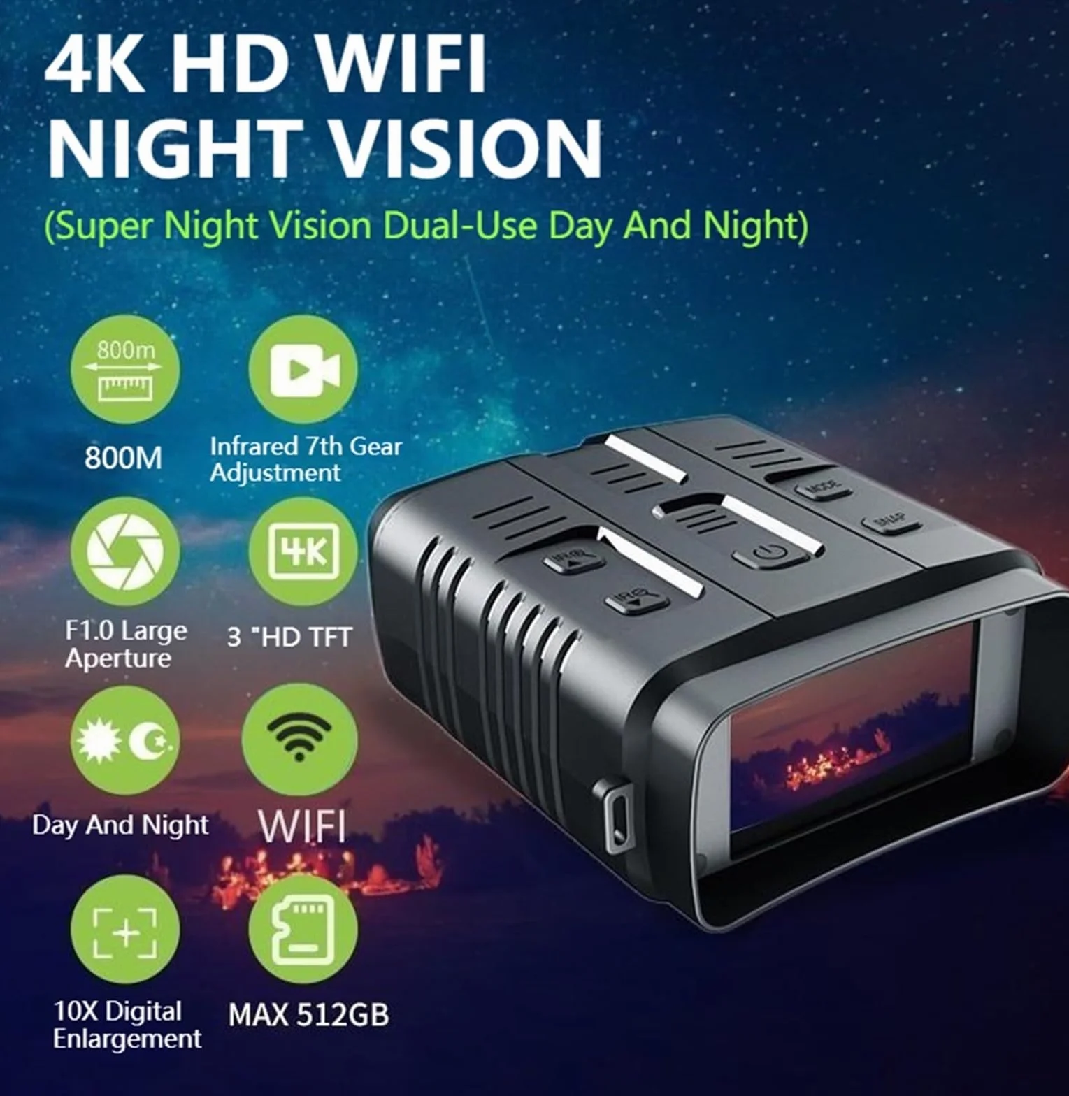 Visore Notturno, Ponbos NV009 4K UHD 800M a infrarossi Visione Notturna binoculare 42MP Zoom 10X telescopio Digitale Ricaricabile for Caccia Campeggio(with 64G TF Card)