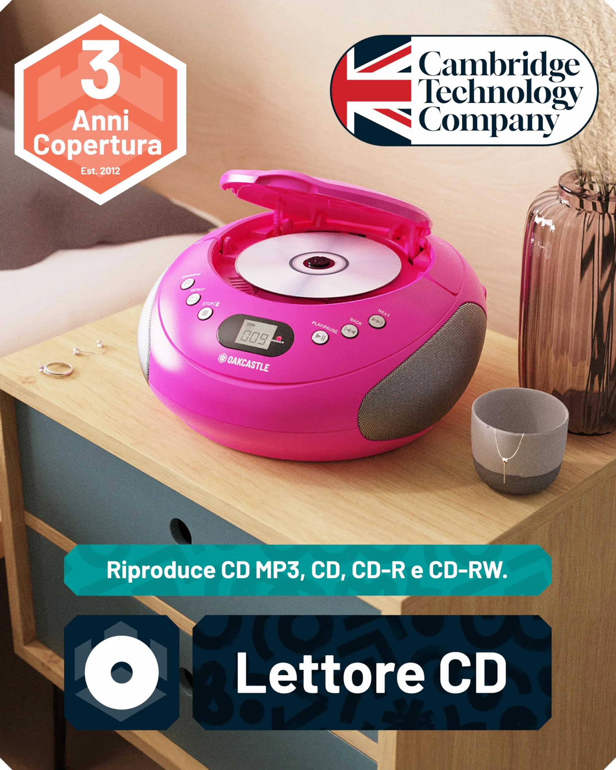 Lettore CD Portatile Bluetooth | FM Radio Stereo Casa | Radio Stereo Casa con Controlli Facili | 30 Preselezioni, Display a LED | Oakcastle Player (Rosa)