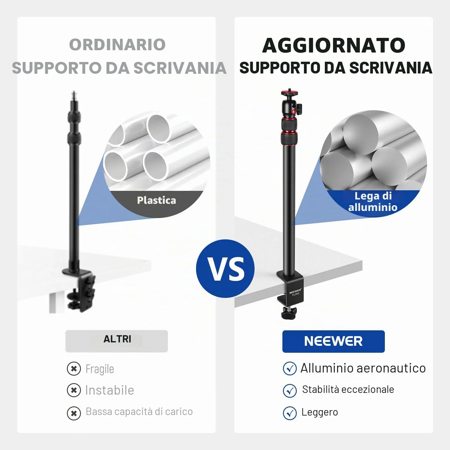 NEEWER Stand Estensibile da Tavolo con 1/4” Testa a Sfera, 43-102cm Regolabile Cavalletto con 1/4” Vite Adattatore & Morsetto-C per Reflex Digitali Luci Anulari Streaming Vlog, Massima Portata 3kg