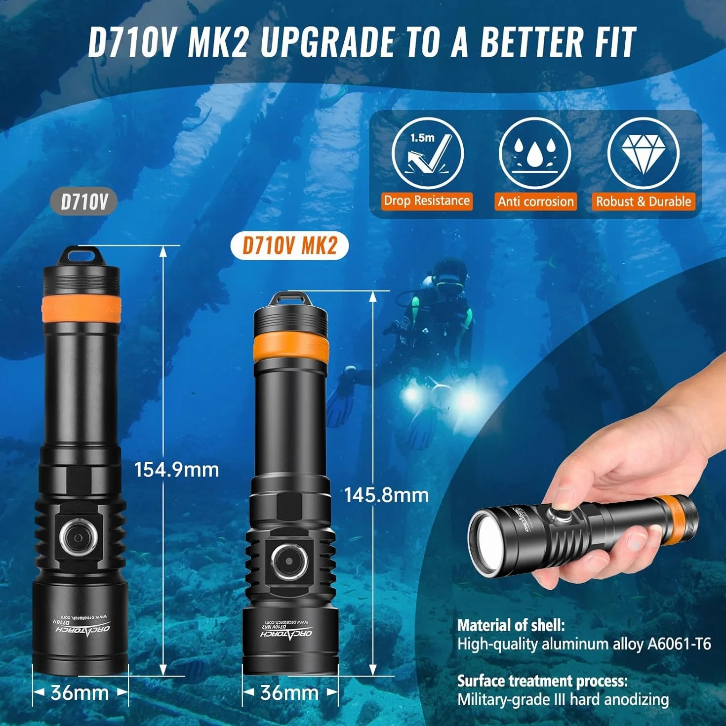 ORCATORCH D710V MK2 Torcia Subacquea, 2300 lumen Luci subacquee 3in1 (Bianca +UV+Rossa) per Fotografia e Video Subacquei, IP68 Impermeabile, per 150M Immersioni Notturne, Wreck, Campeggio