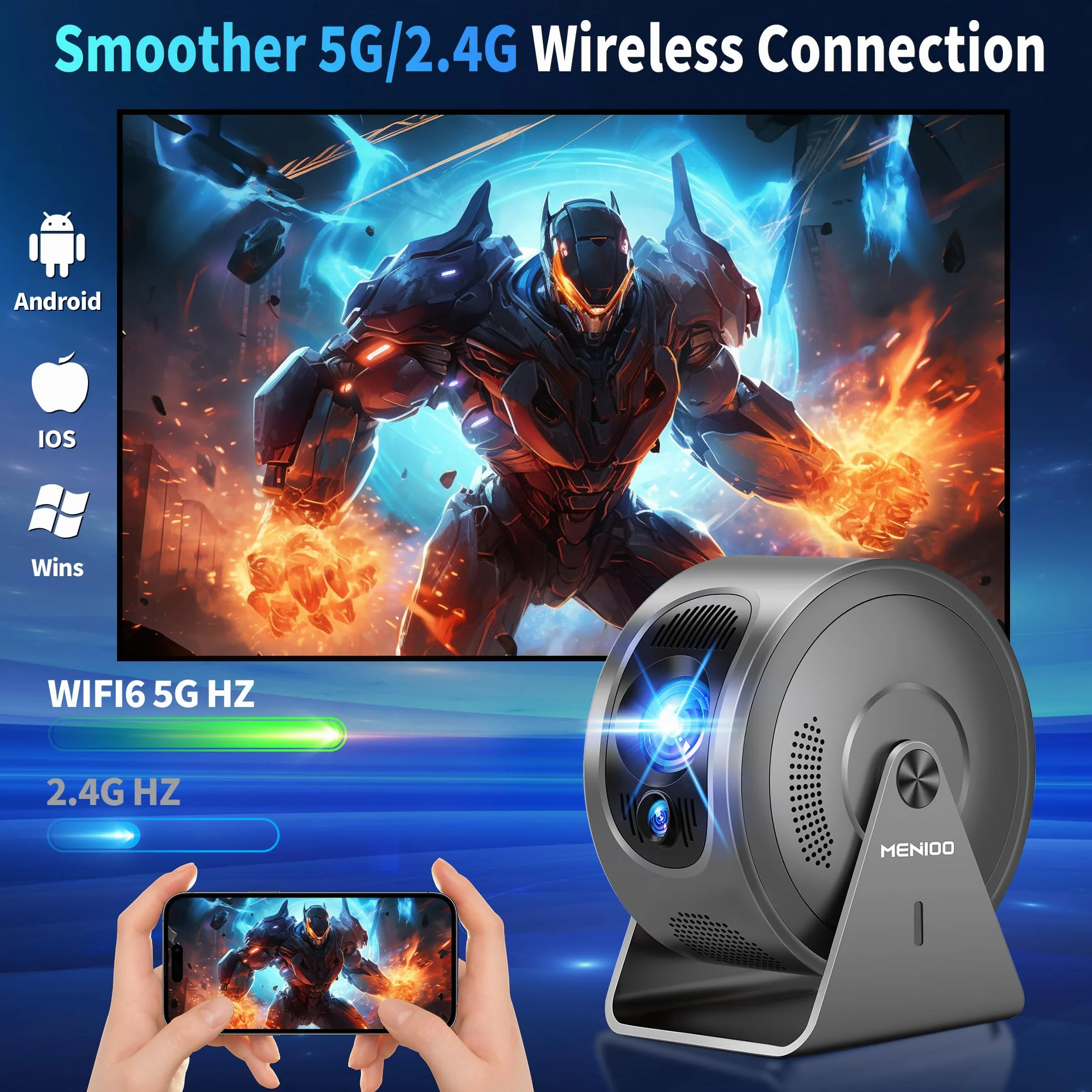 Mini Projector [Integrated Apps & 2026 Upgraded] Supporto 4K 1080P, Portable Projector Auto Focus/Keystone avec WiFi 6 et Bluetooth 5.4 Correction 360°Rotation, Mini Proiettore Home Theater - Grigio