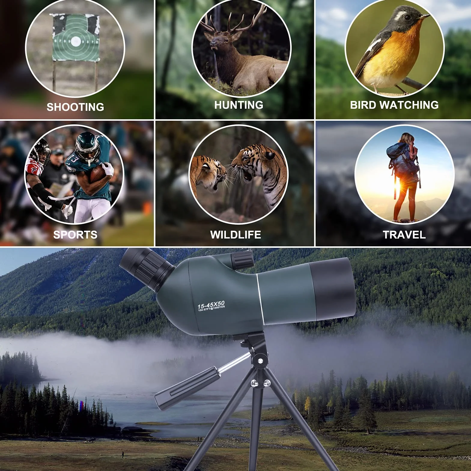 15-45x50 Cannocchiale con Treppiede, Borsa per il Trasporto e Adattatore per Smartphone, FMC Ottica Bak4 Prisma Telescopio Spotting Scope con Smartphone Adapter per Tiro a Segno Birdwatching Caccia
