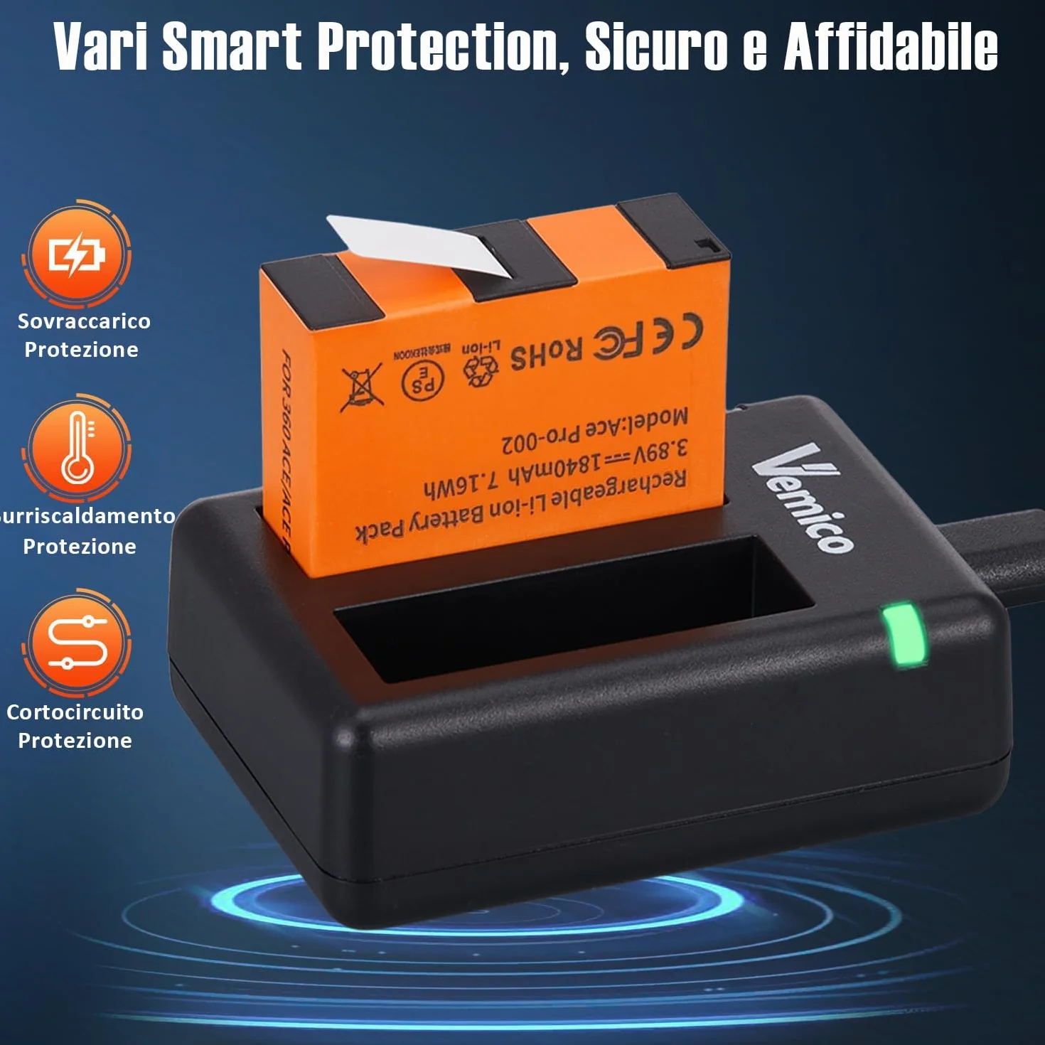Vemico 360 Ace Pro 2 batterie di ricambio 2 x 1840 mAh Dual Tipo-C Canale caricatore LED con interfaccia di ricarica micro USB per fotocamera / 360 Ace Pro 2/360 Ace / 360 Ace Pro