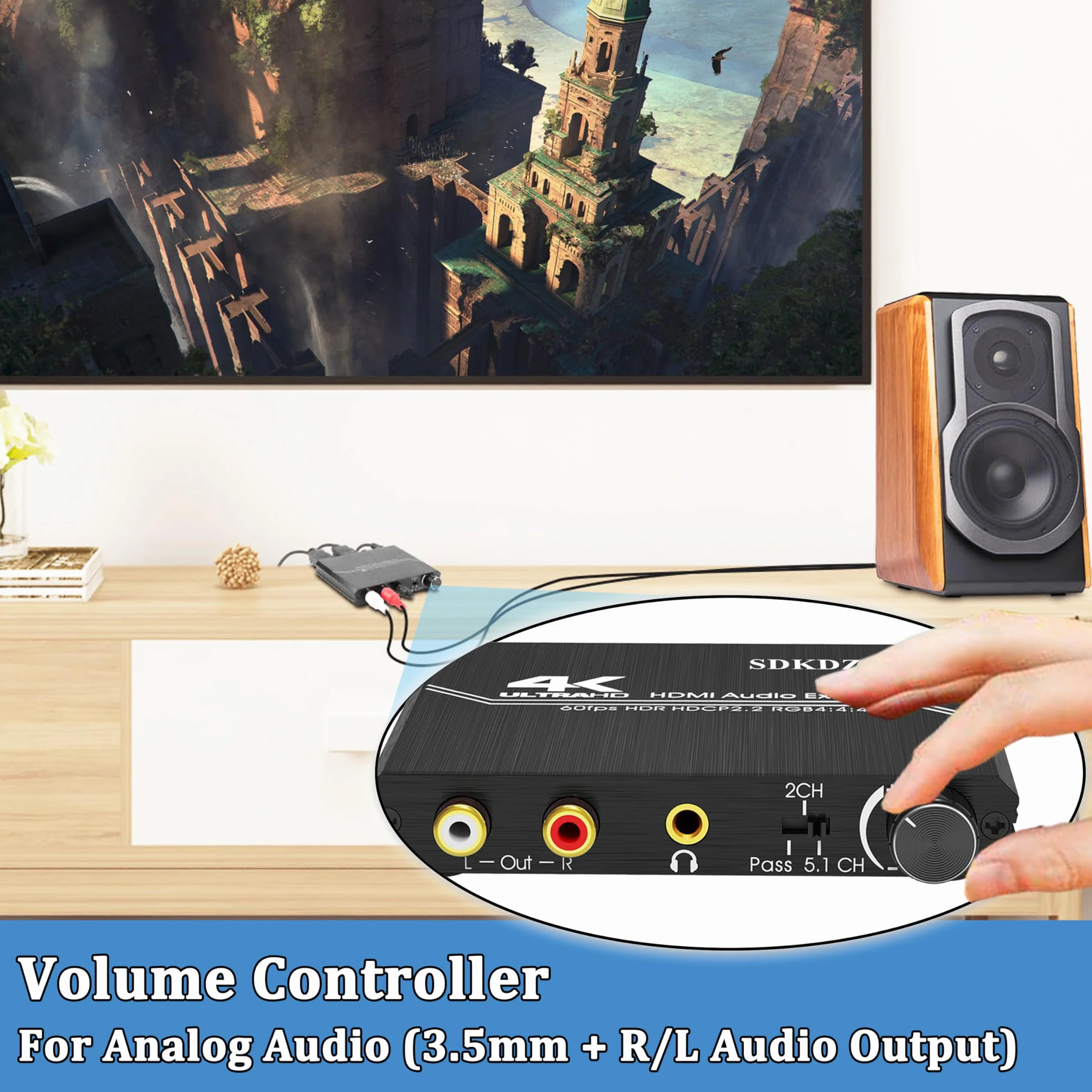 HDMI 2.0 Estrattore Audio, HDMI + Toslink Ottico SPDIF +3.5mm Stereo+RCA L/R Uscita Audio Convertitore con Controllo Volume Supporto 4k@60hz HDCP 2.2 HDR 3D YUV 4:4:4, per PS5/4 Blu-ray