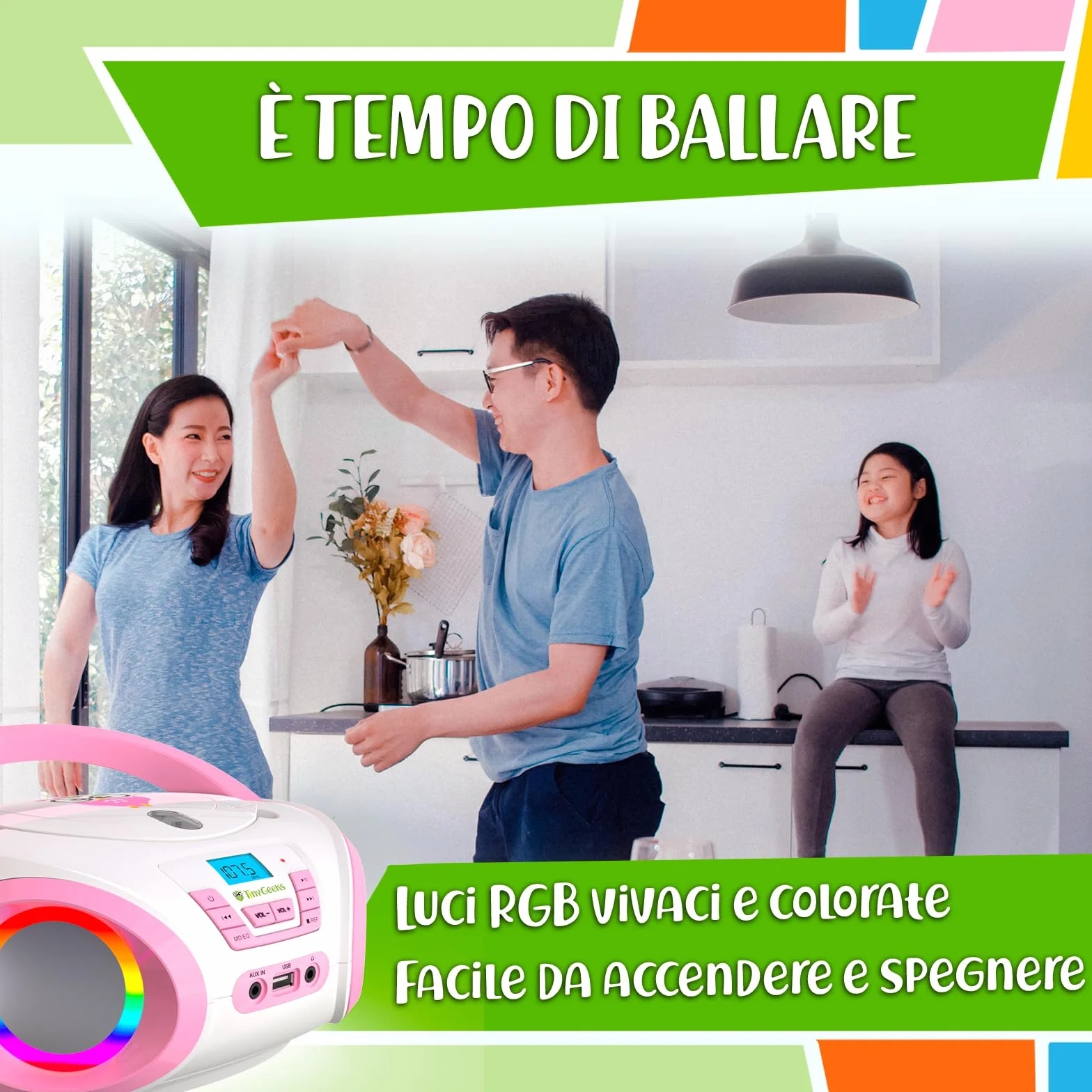 TinyGeeks Tunes CD PLAYER BAMBINI - NUOVO - Radio FM - Batterie incluse - LETTORE CD BAMBINI con altoparlanti - Regalo perfetto - Rosa