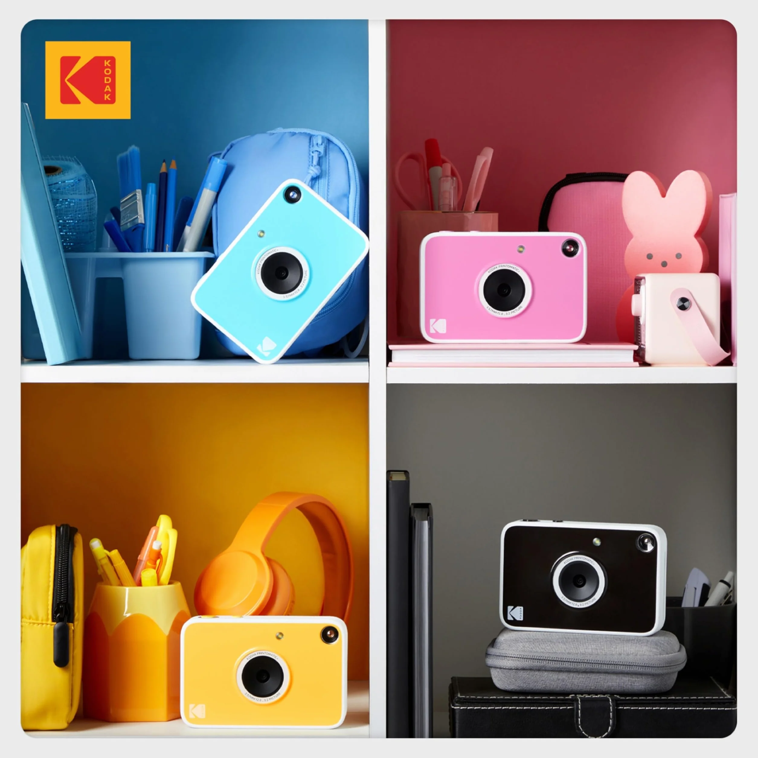 KODAK Printomatic+ Fotocamera Istantanea 10MP Kit Iniziale con Custodia, RGB LED e Carta Adesiva Zink 20pz – Nero