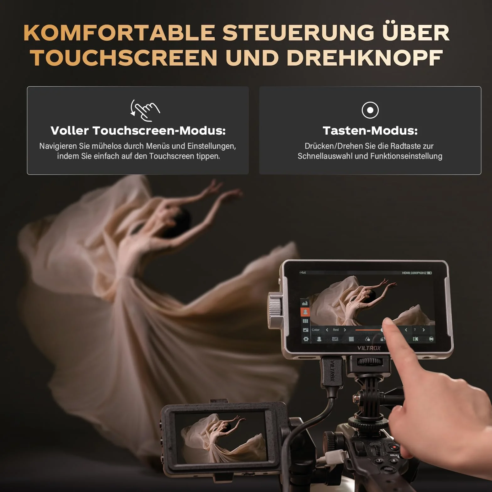 VILTROX DC-V1 5,5”Monitor Da Campo per Fotocamera DSLR Monitor Touchscreen 4K HDMI Video Monitor Esterno per Sony Canon Nikon 2000nits 3D LUT 1920×1080 IPS HD Video con Batteria Ricaricabile Hood
