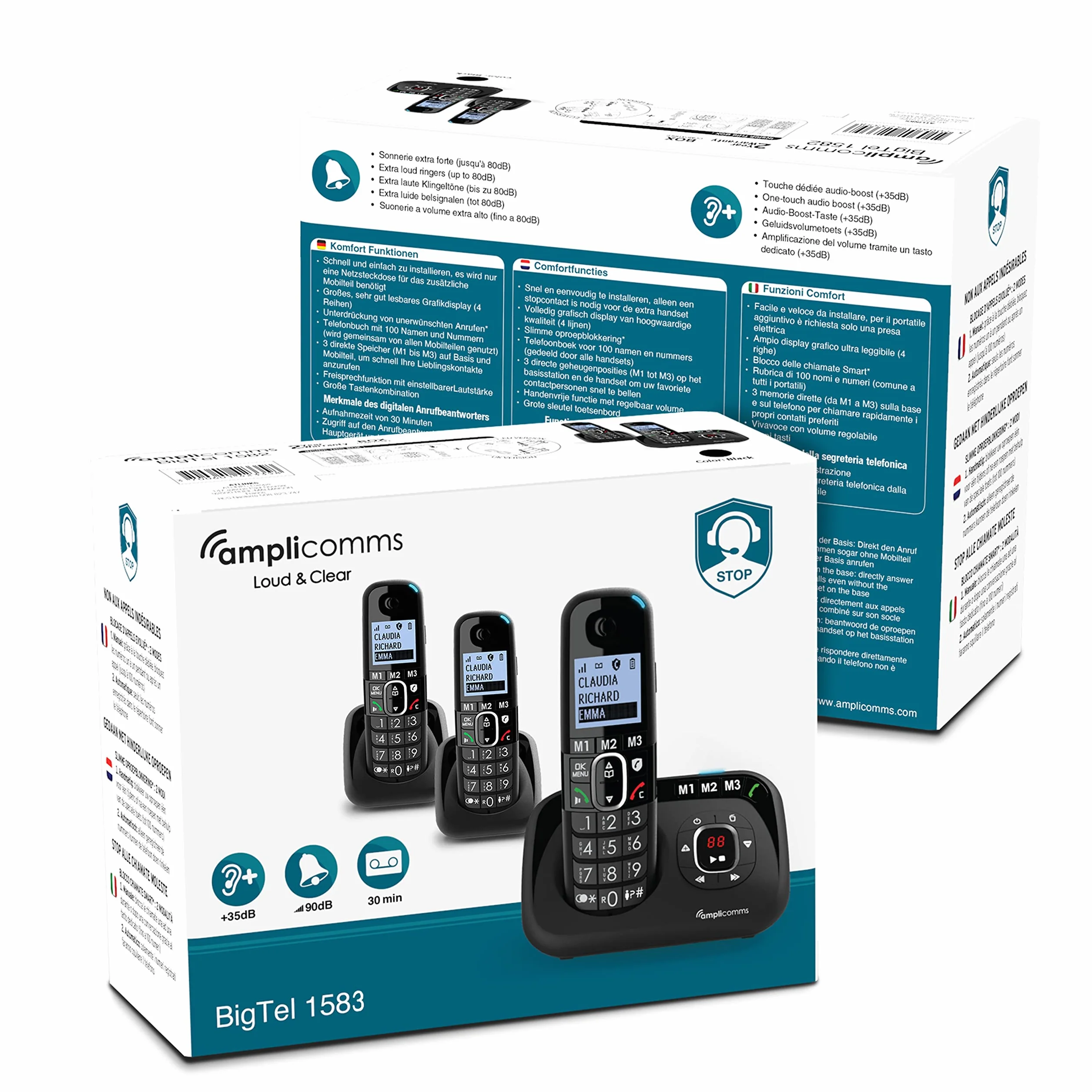 Amplicomms BigTel 1583 Trio Telefono cordless DECT con tastiera grande, amplificazione audio, suonerie forti, segreteria telefonica, compatibile con apparecchi acustici, protezione delle chiamate