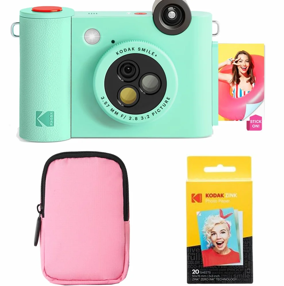 KODAK Smile+ 2-in-1 Fotocamera & Stampante Foto Bluetooth - Pacchetto Iniziale + Custodia Morbida + Carta Zink 20pz - 10MP - Verde