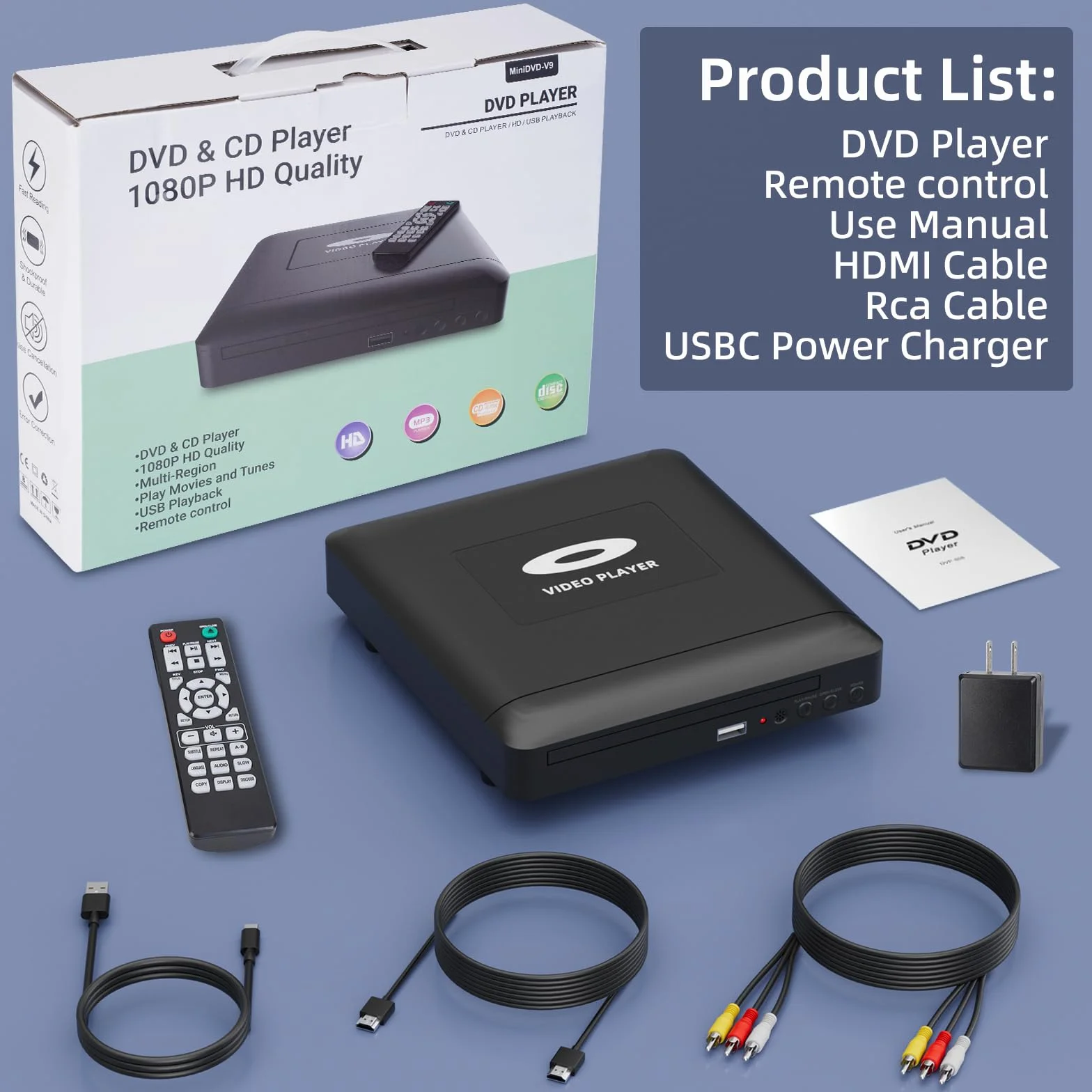 Mini Lettore DVD HD con Porta HDMI, 1080P Lettore DVD per Smart TV, Region Free Connessione, Cavo di uscita integrato PAL/NTSC, HDMI/RCA incluso, Lettore Cd per La Casa