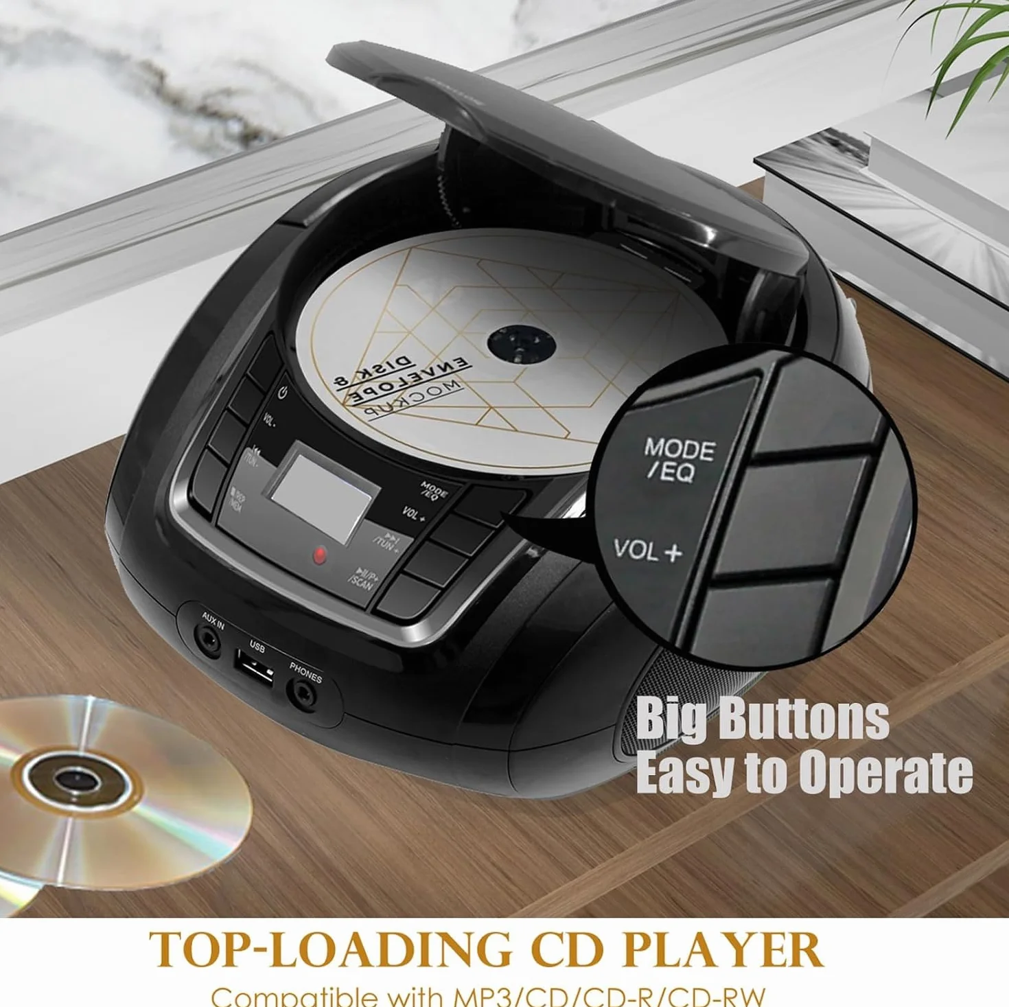 LONPOO Stereo Lettore CD portatile Bluetooth Boombox Connettività Radio FM, USB, AUX, Uscita cuffie, HiFi Altoparlanti (LP-D03BLACK)