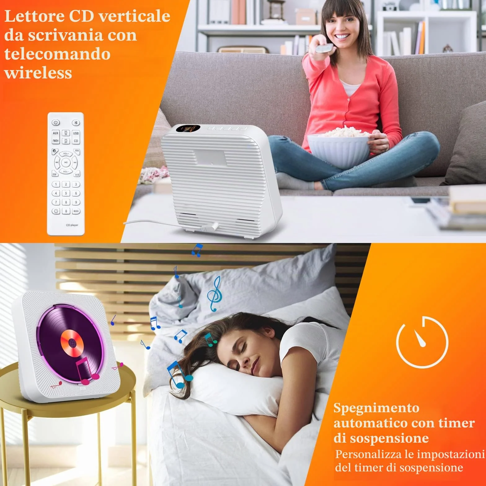 Lettore CD Bluetooth 5.1 Lettore CD da tavolo con 5W Doppi Altoparlanti Luce Telecomando Copertura Della Polvere Display FM Radio Timer Cuffie USB/SD Card/AUX Playback