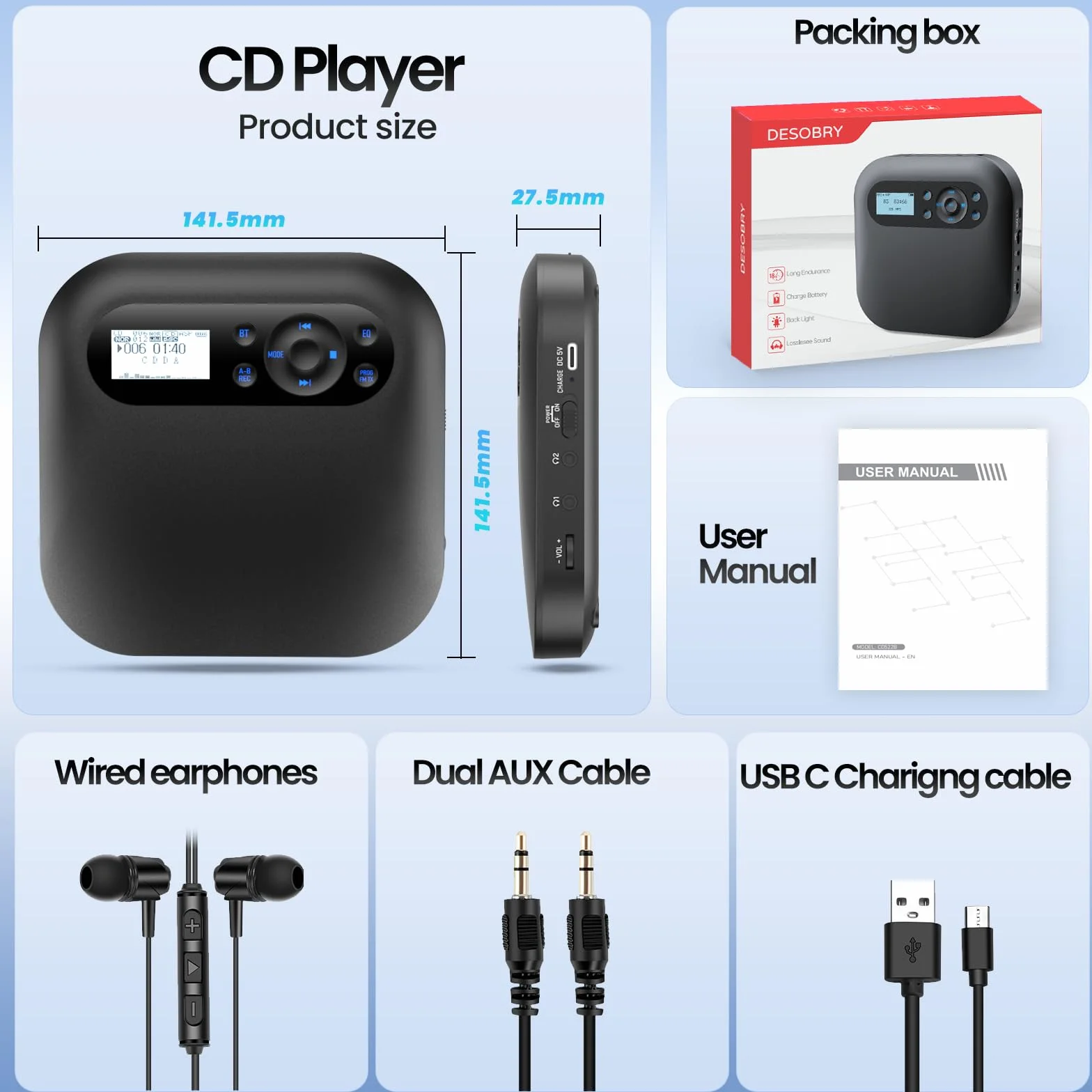 Lettore CD portatile con Bluetooth, NUOVO Lettore CD Discman ricaricabile per auto con FM, Due altoparlanti stereo, Anti-Skip, Due connettori per cuffie, Per regalo