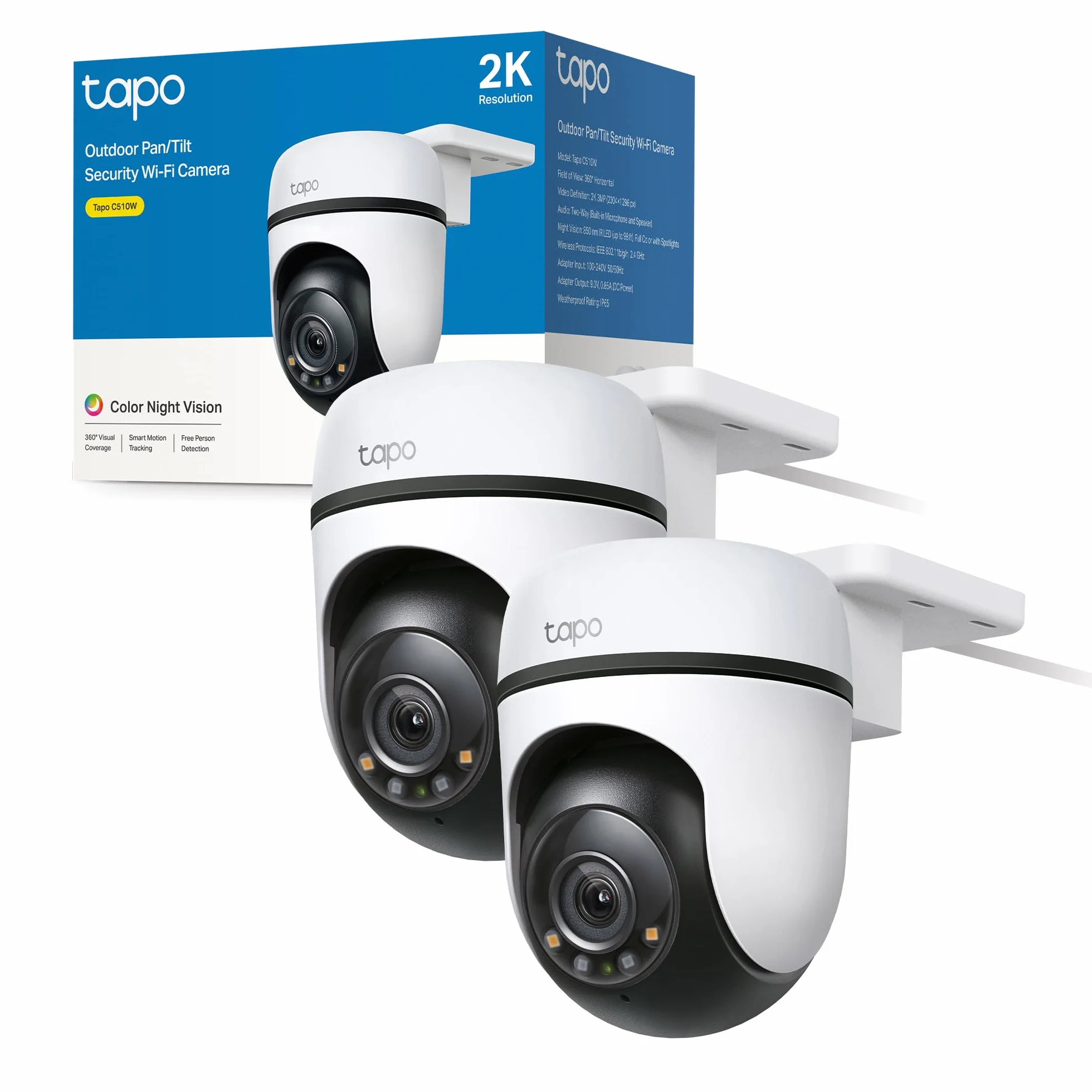 Tapo C510W(2-pack) Telecamera WiFi Esterno 2K 3MP, Visione a 360°, Visione Notturna a Colori, Telecamera di Sorveglianza IP, Sensore di Movimento, Impermeabile IP65, Audio bBidirezionale, Alexa, 2 pz