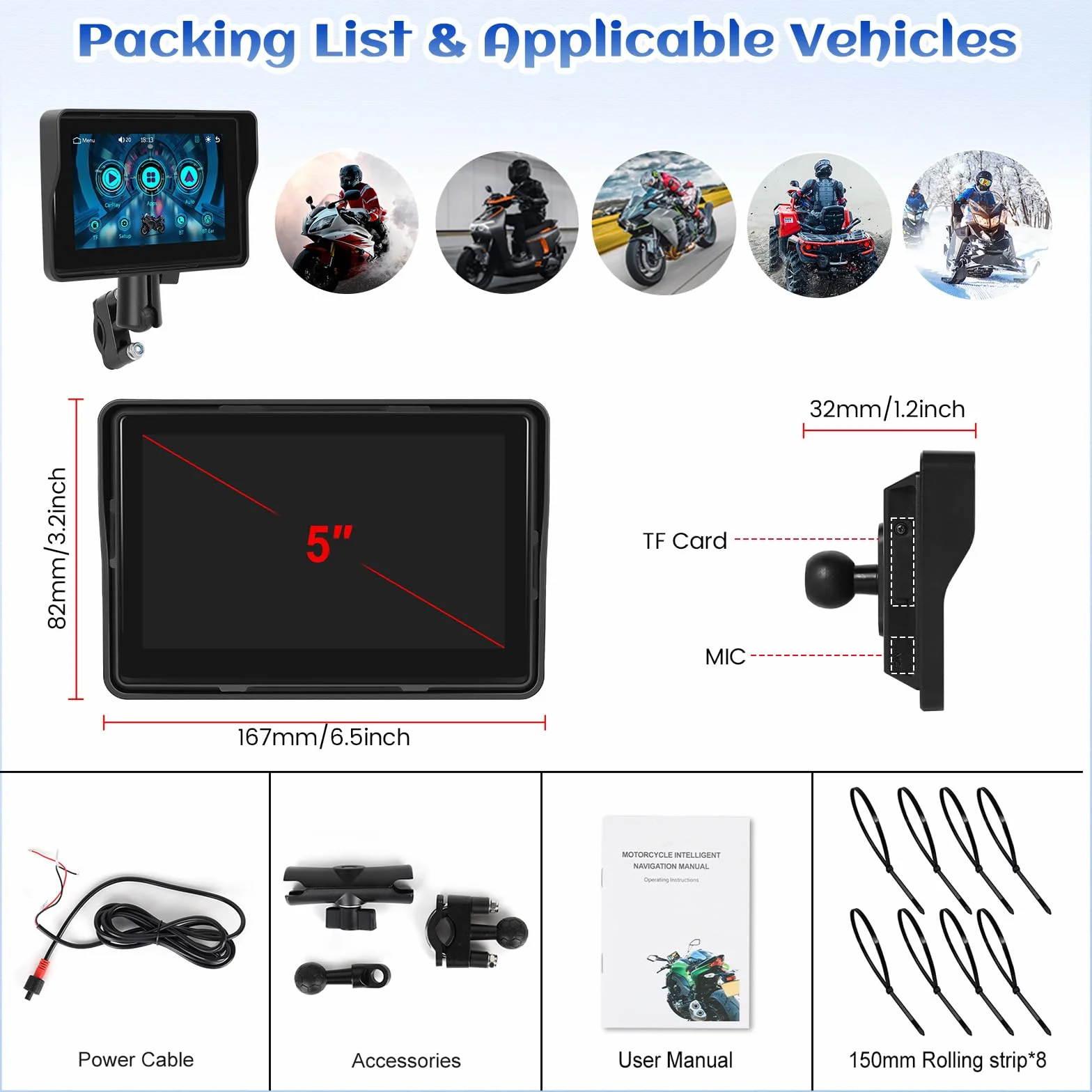 CAMECHO GPS CarPlay Navi Display Moto Senza Fili Android 5 Pollici Impermeabile Touchscreen Doppio Bluetooth EQ