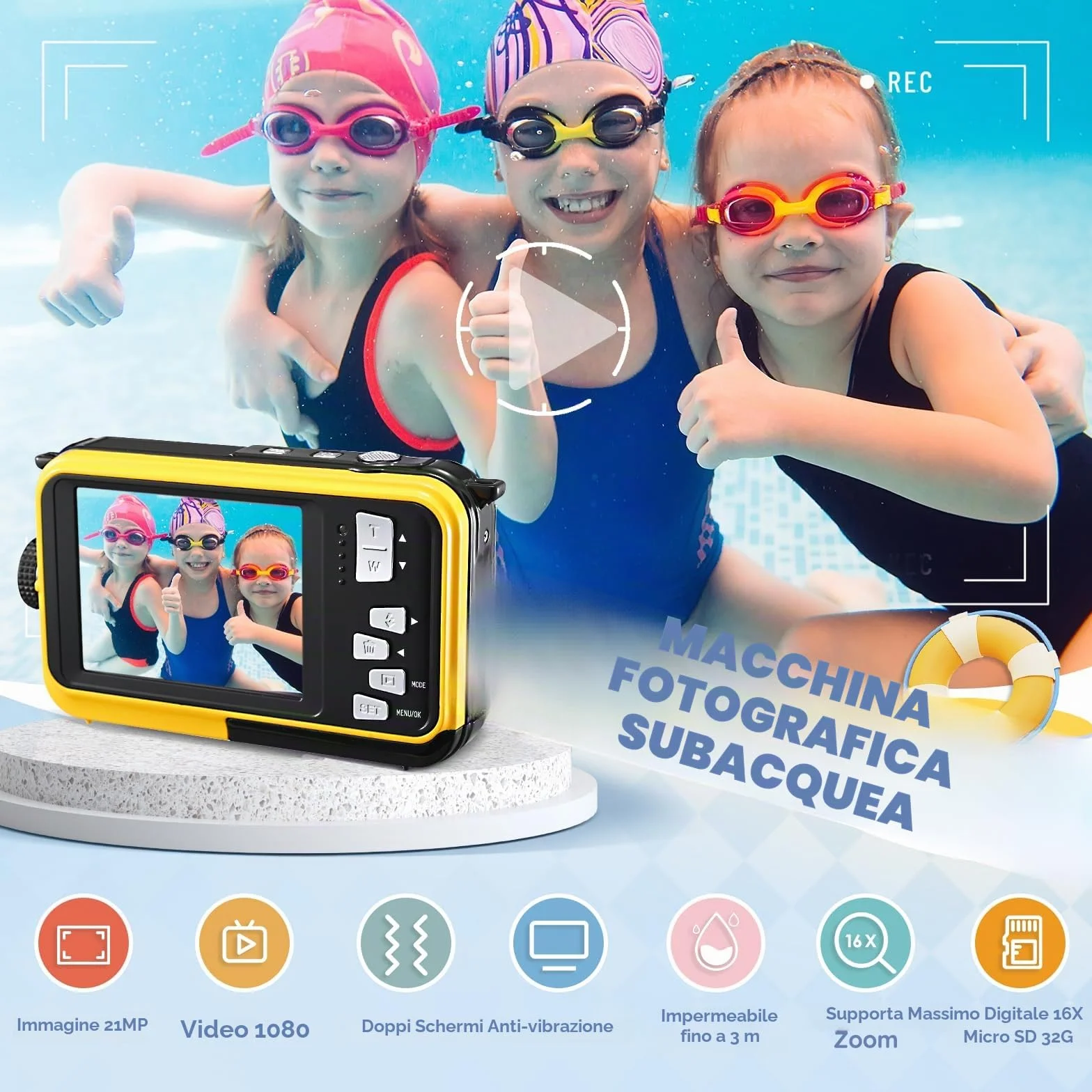 Fotocamera Digitale Impermeabile,Couleeur Macchina Fotografica Subacquea Full HD 2.7K 48MP Doppio Schermo Anti-Shake con Microfono LED Autoscatto e Zoom Digitale 16X per Bambini Adolescenti(giallo)