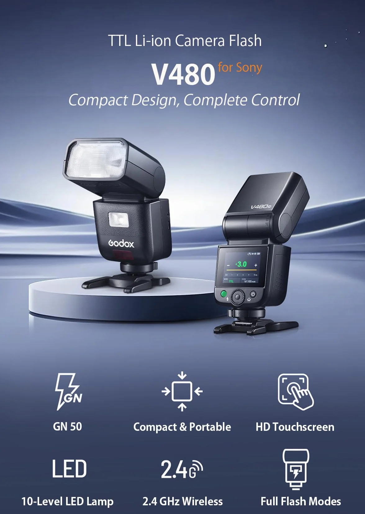 Flash GODOX V480 F per Fujifilm, V480F Touchscreen Speedlite, TTL GN50 HSS 1/8000s, Compatible with Fujifilm X100VI GFX100RF XS20 XS10 XT30 II XT5 XM5 GFX50S GFX50R X-T4 X-T3 X-E4