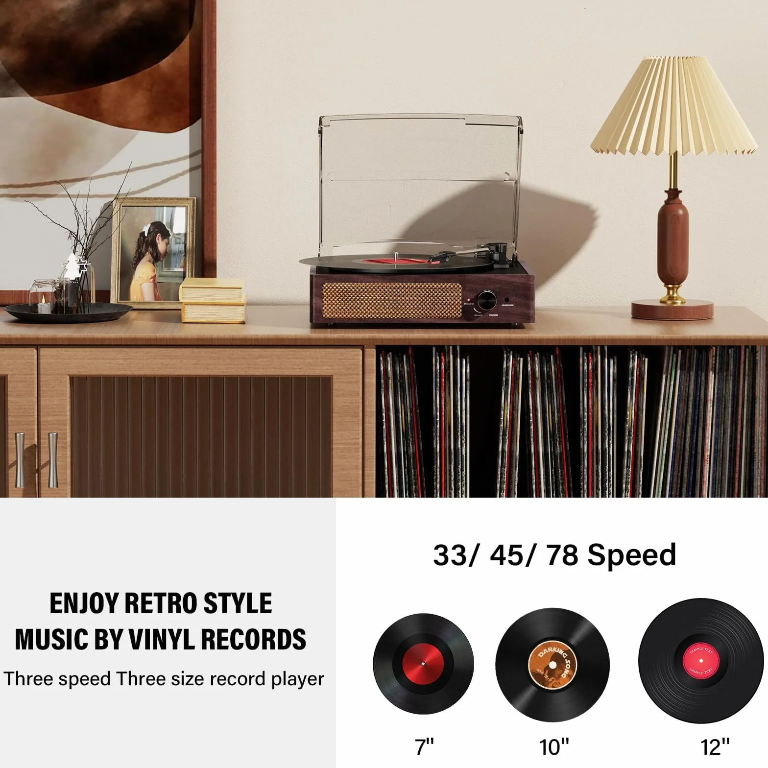 Giradischi Bluetooth Portatile a Tre Velocità (33 1/3, 45 E 78 Giri), Vintage Vinile Giradischi con Altoparlanti Stereo Integrati, supporta uscita RCA/Jack per cuffie Marrone
