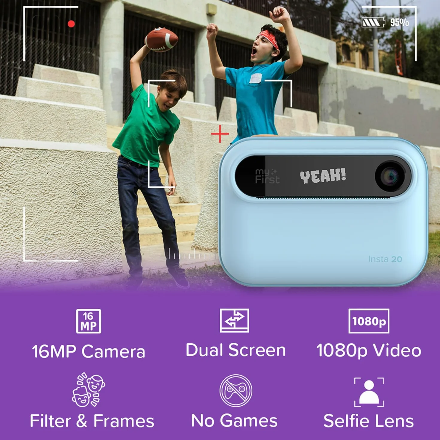 myFirst Camera Insta 20, Fotocamera Digitale a Stampa Istantanea per Bambini con Foto da 16MP, 1080p, Obiettivo Selfie, Stampa Illimitata, Scheda di Memoria fino a 32 GB Non Inclusa, Blu