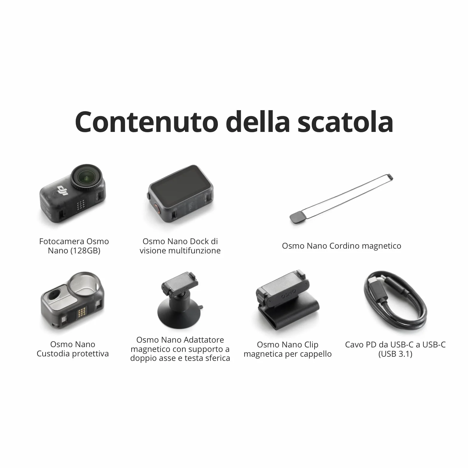 DJI Osmo Nano Combo Standard (128 GB) - Piccola fotocamera per vlog 4K/60fps con un sensore da 1/1,3″, video con ampio FOV di 143°, Registrazione di 200 minuti, Fotocamera magnetica POV 4K per Vlog