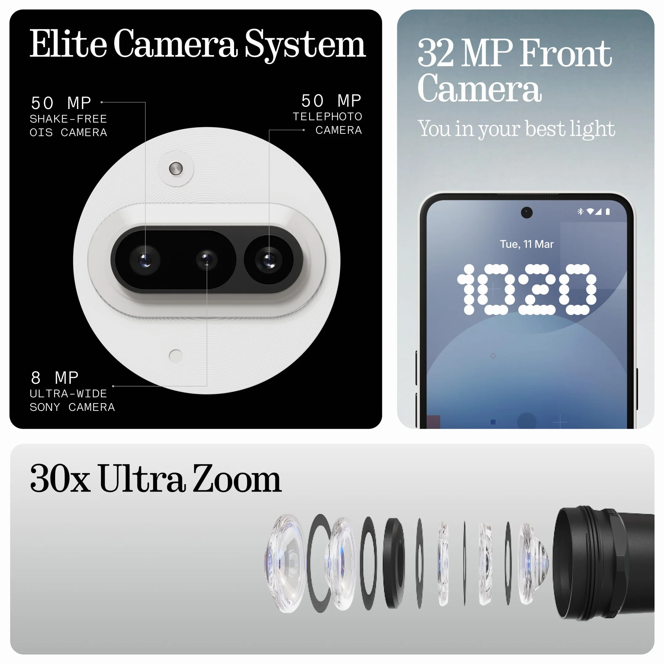 Nothing Phone (3a) 128 GB - Handy mit Essential Space, 50-MP-Hauptkamera, 32-MP-Frontkamera, 30-facher Ultra-Zoom, 8 GB RAM, Langer Akkulaufzeit und 6,77 Zoll Flexibles FHD+ AMOLED-Display - Weiß