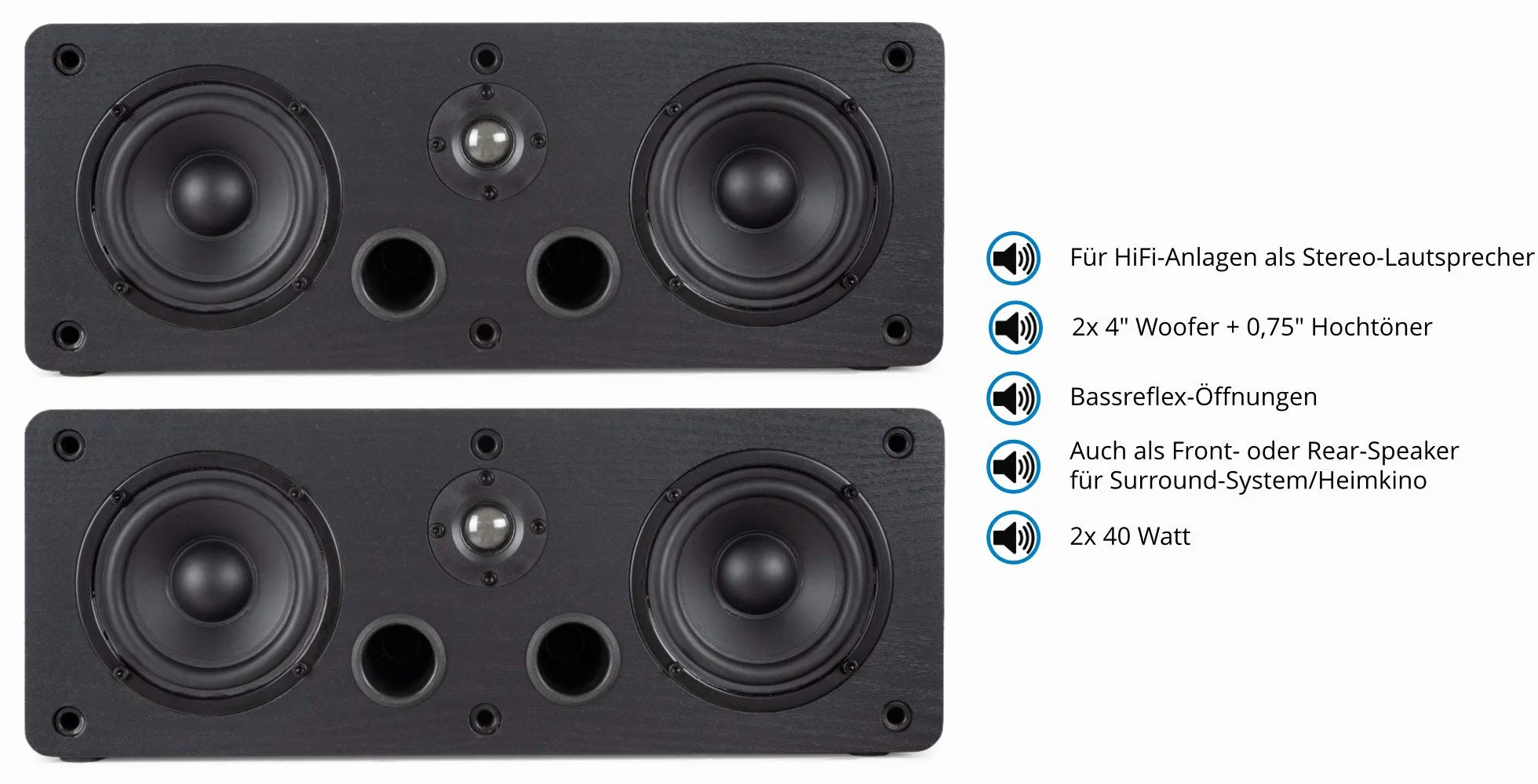 McGrey CS-440 BK Set Diffusori da Scaffale - Coppia Satelliti HiFi Multifunzionali per Sistema Surround, Musica e Home Cinema - Diffusori Center Full-Range a 2 Vie con 40W RMS - Nero