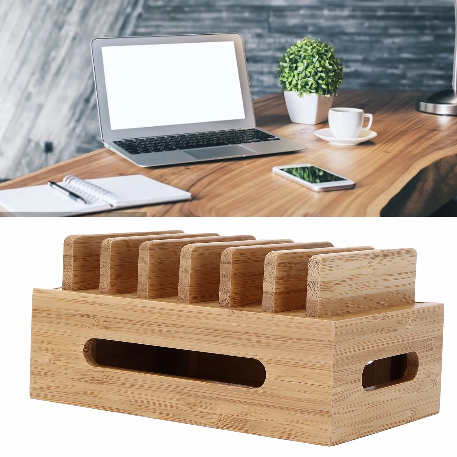 Stazione di ricarica in legno, 6 porte Multi Device Organizzatore di docking cellulare Stato di archiviazione per tablet per smartphone