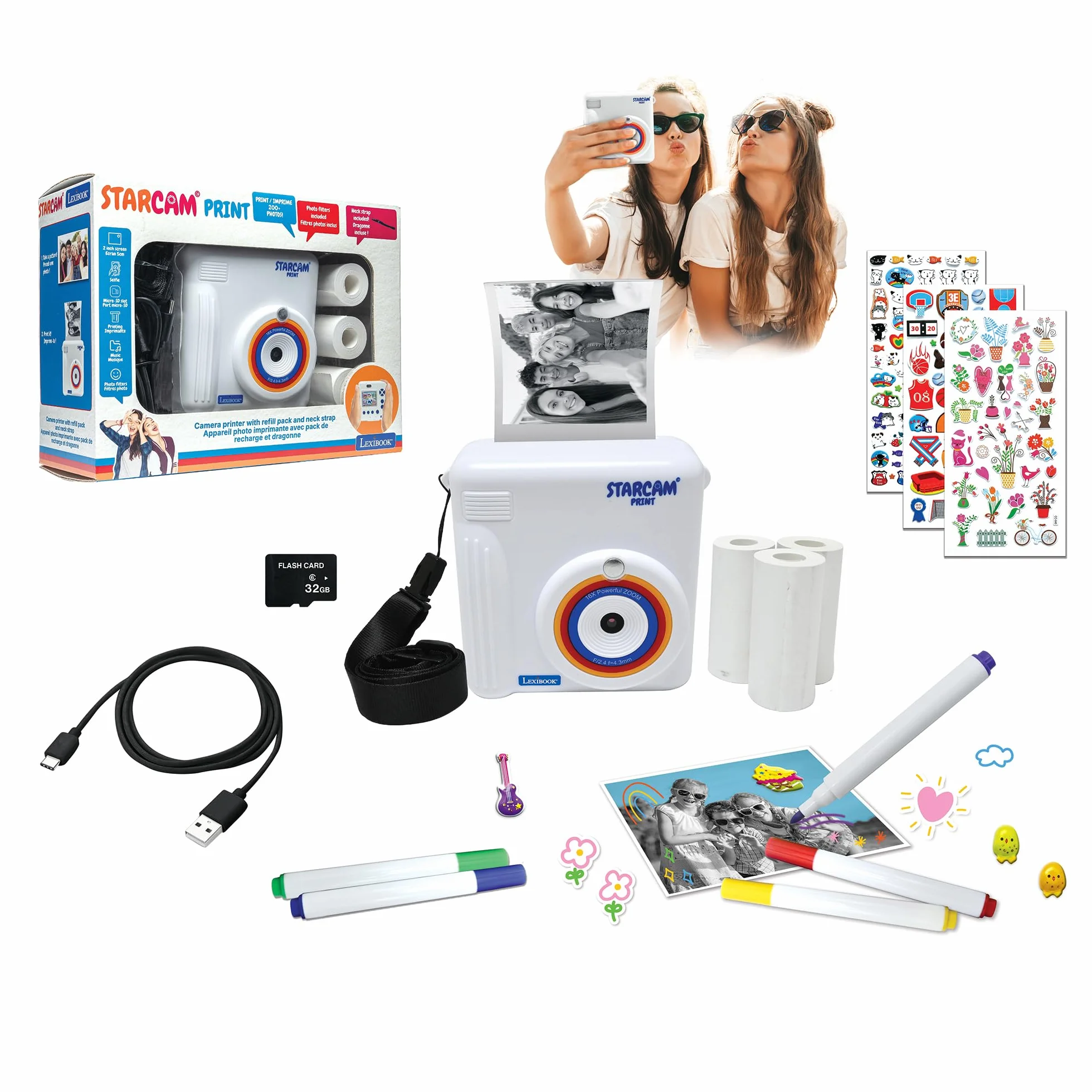 Lexibook, Starcam® Print, Camera Pack with Instant Printer, 3 Paper Rolls and Neck Strap, DJ130