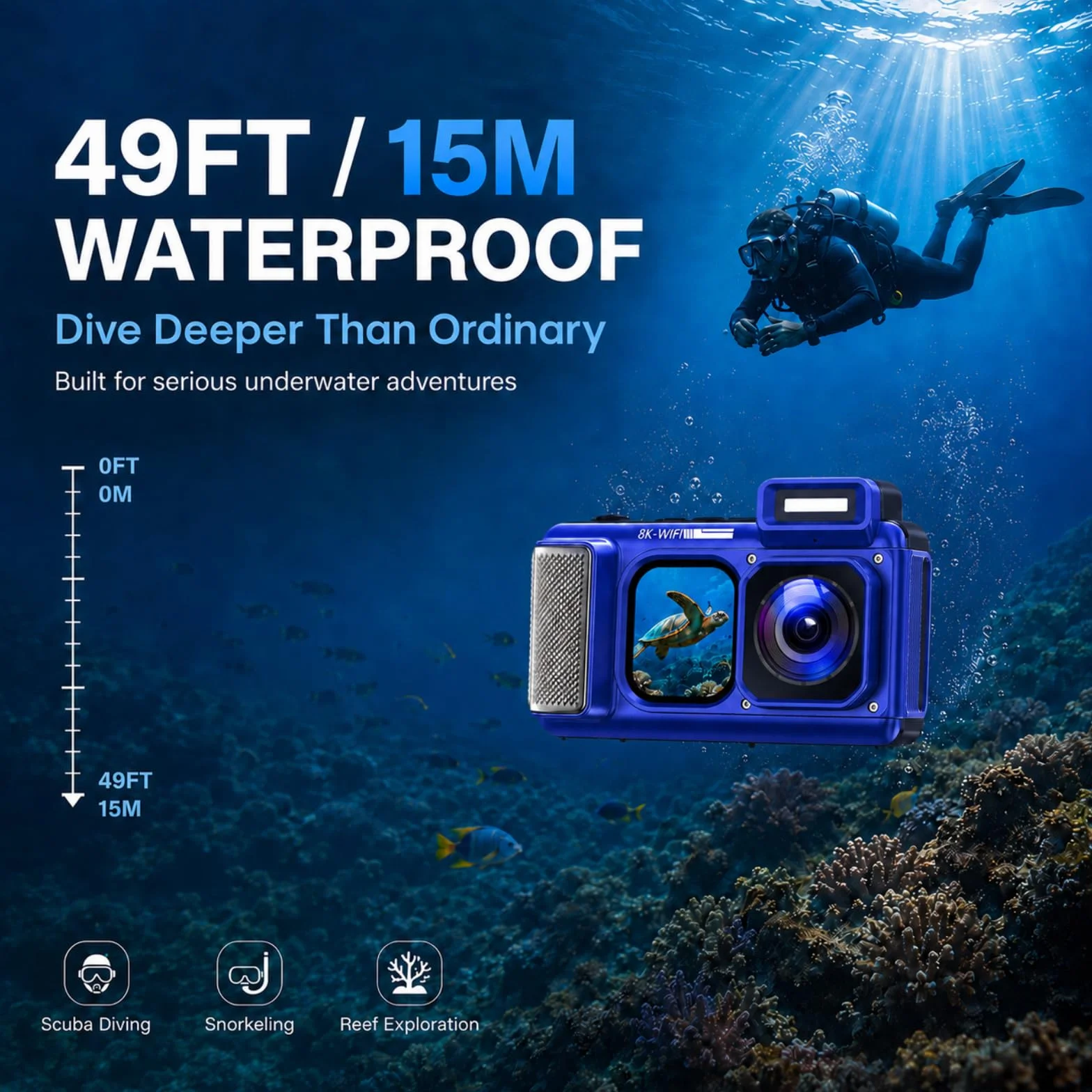 Maxmango V08 Pro 49FT Macchina Fotografica Subacquea - 8K 90MP WiFi Macchina Fotografica Digitale, 2.8'' Touchscreen Robusta Antipolvere Antiurto per Snorkeling, 64GB Fotocamera Digitale, Blu
