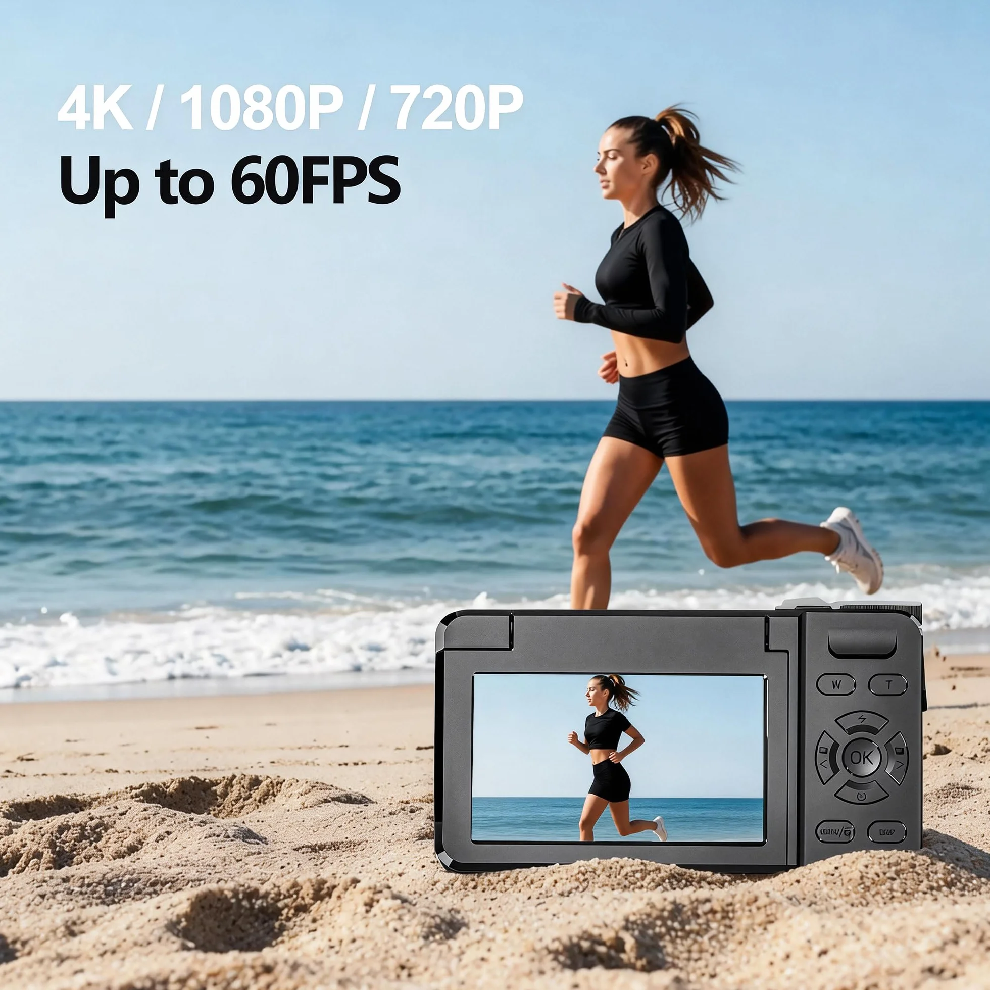Fotocamera Digitale 4K 64MP Autofocus Ribaltabile 3,0" 180° Ricaricabile Portatile per Foto&Vlog, Time Lapse, Slow Motion&20 Filtri 2000mAh 32GB, per Creator Social, Bambini e Principianti (Nero)