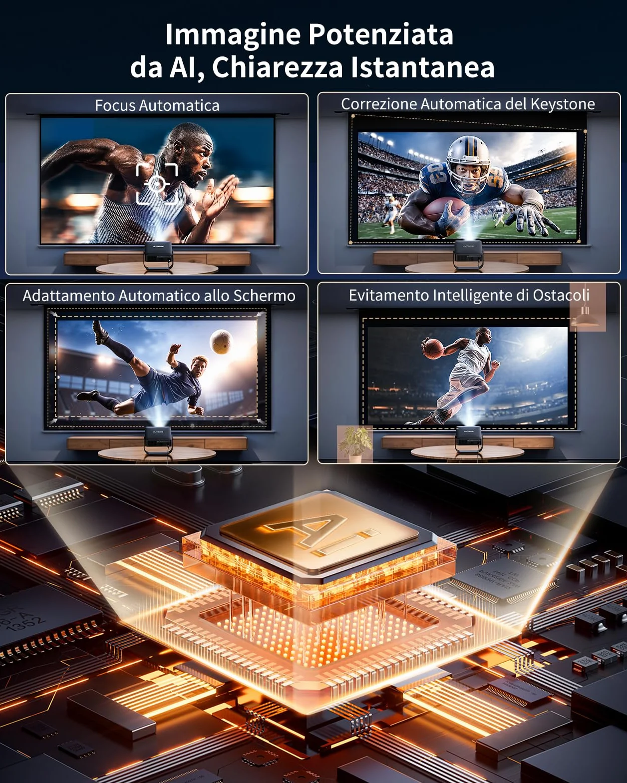 Proiettore Portatile Smart TV 4K 1000+ Canali Live Compatibile Netflix Auto Focus WiFi Bluetooth 1080P Nativo