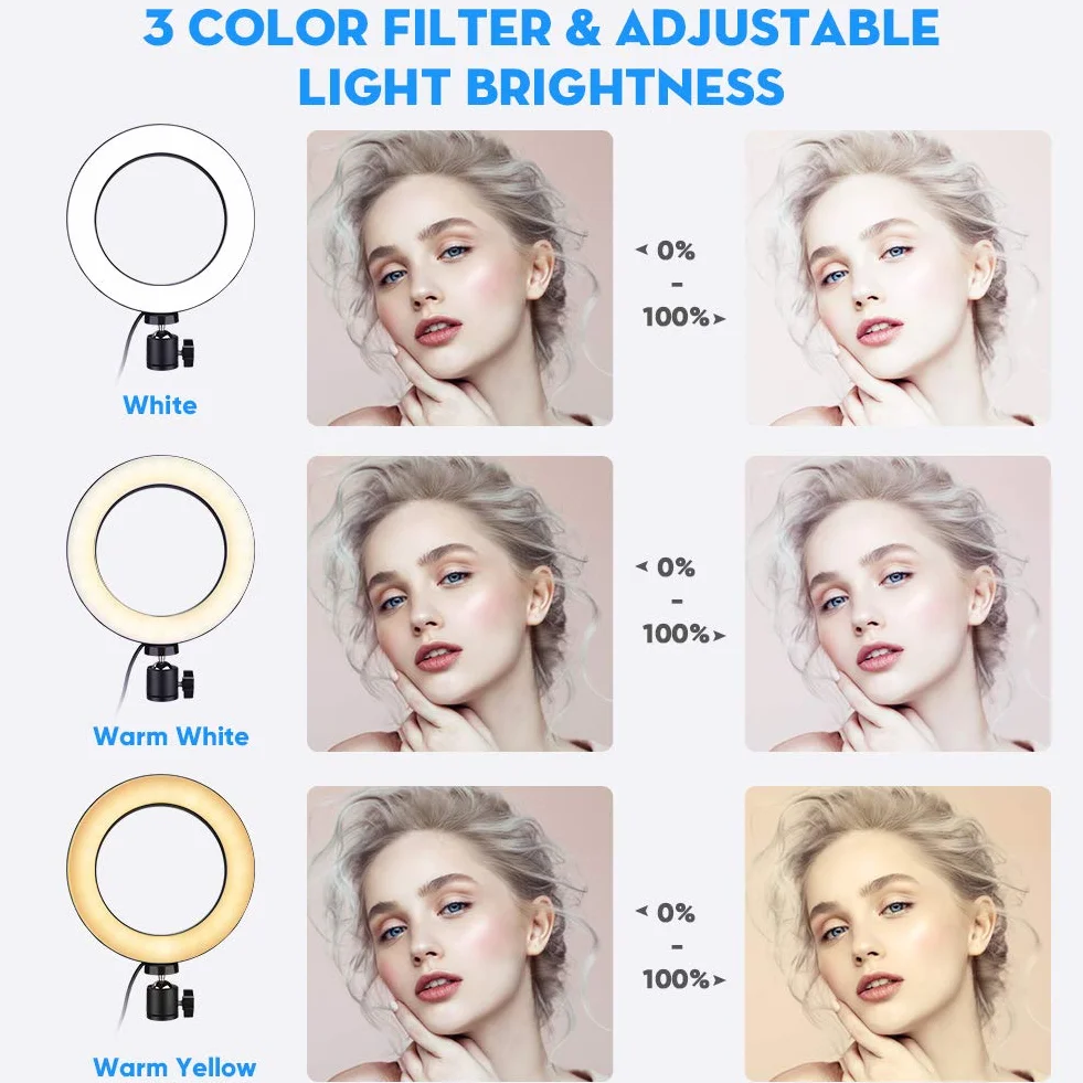 luce, 6"Standing Circle Light 3 10 Livello luminosità, Lampada Selfie per Trucco a LED (con treppiede e supporto telefono cellulare), con telecomando,Youtube, TikTok
