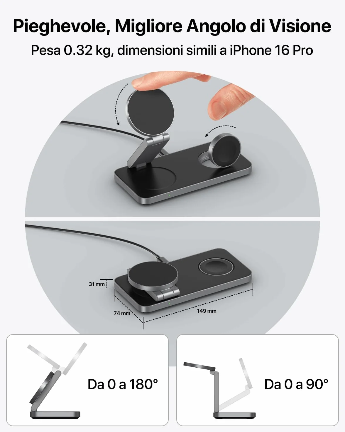 Caricatore Wireless 3 in 1 15W per iPhone 17/16/15/14/13/12 con Mag-Safe, Stazione Ricarica Rapida Apple (Nero)