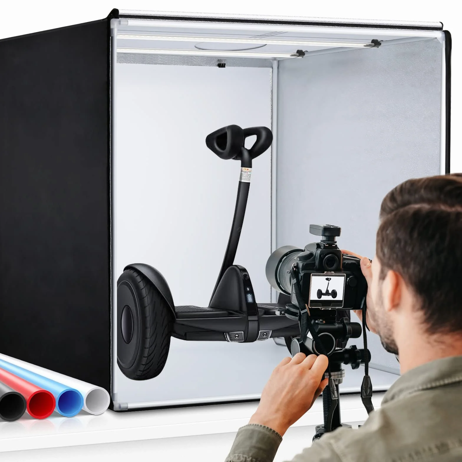 Scatola da studio fotografico, 60 x 60 x 60 cm, portatile pieghevole per fotografia, tenda di ripresa con luci LED dimmerabili ad alta CRI95+ e 5 fondali per la fotografia del prodotto