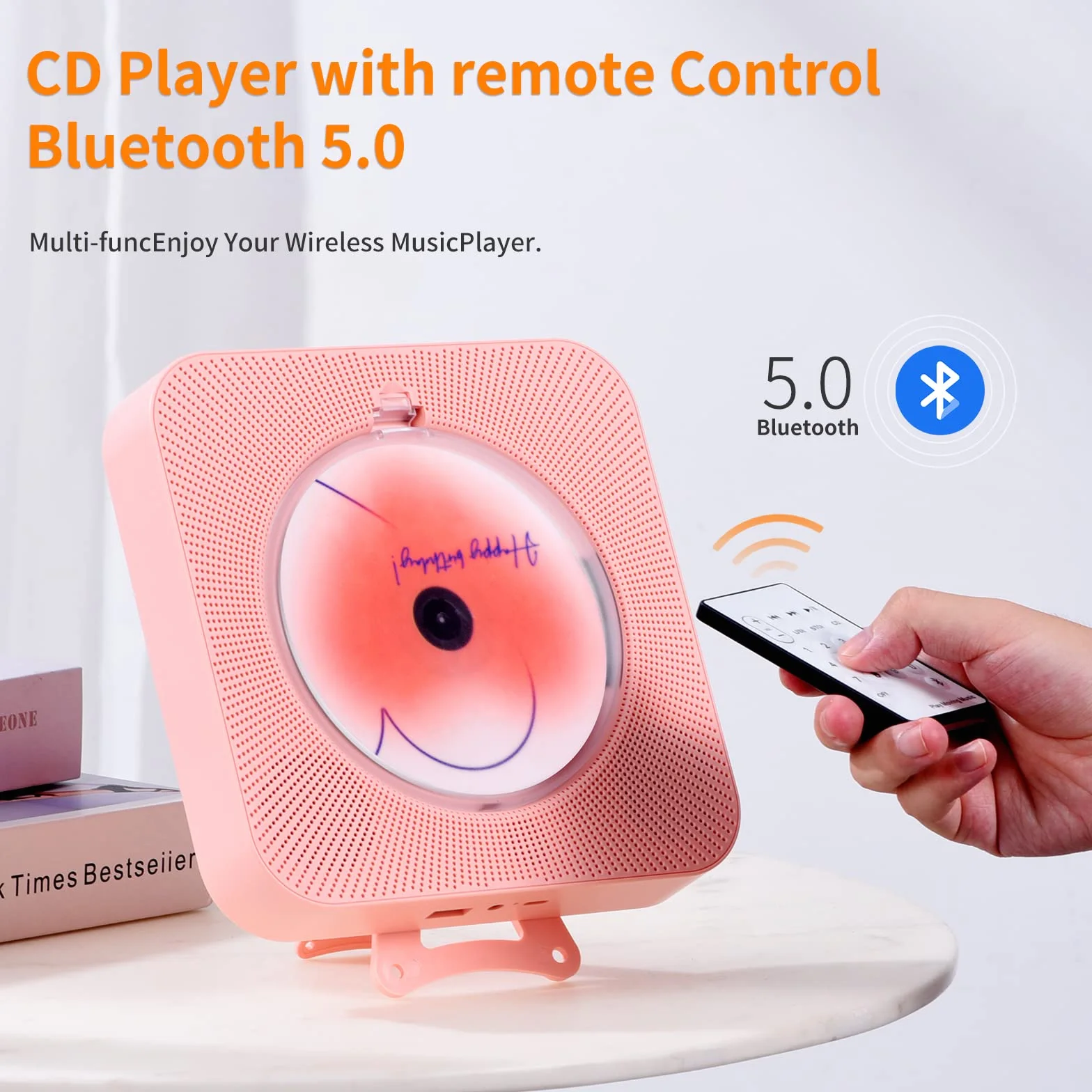 Yintiny Boombox Carino Lettore CD con Bluetooth 5.0 per l'Arredamento Domestico, Lettore CD Portatile con Altoparlanti per la Riproduzione Musicale, Lettore USB [rosa]