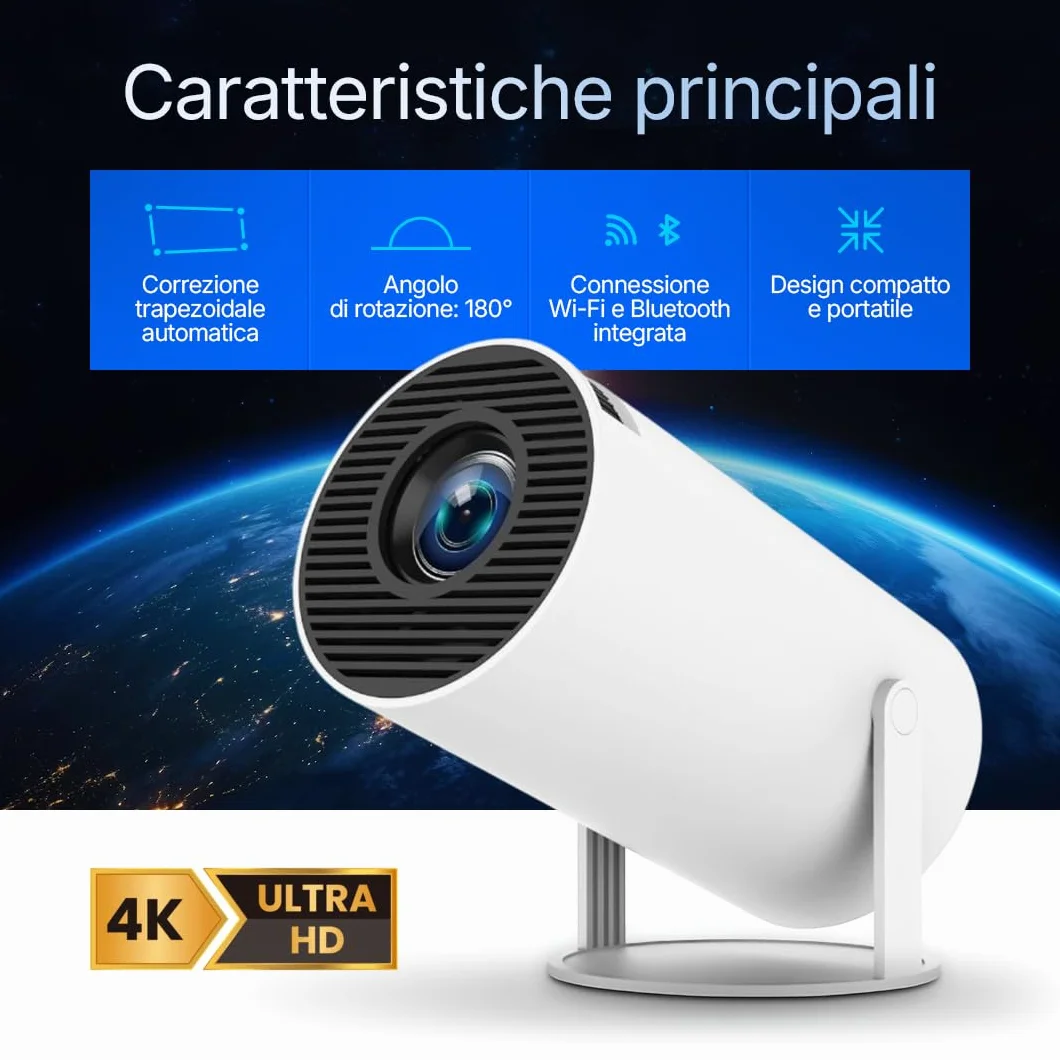 Mini Proiettore Portatile con WiFi 5G e Bluetooth 5.0 - Proiettore LED con Android OS, Correzione Trapezoidale Automatica, Supporto 4K, Ideale per Home Theater e Intrattenimento